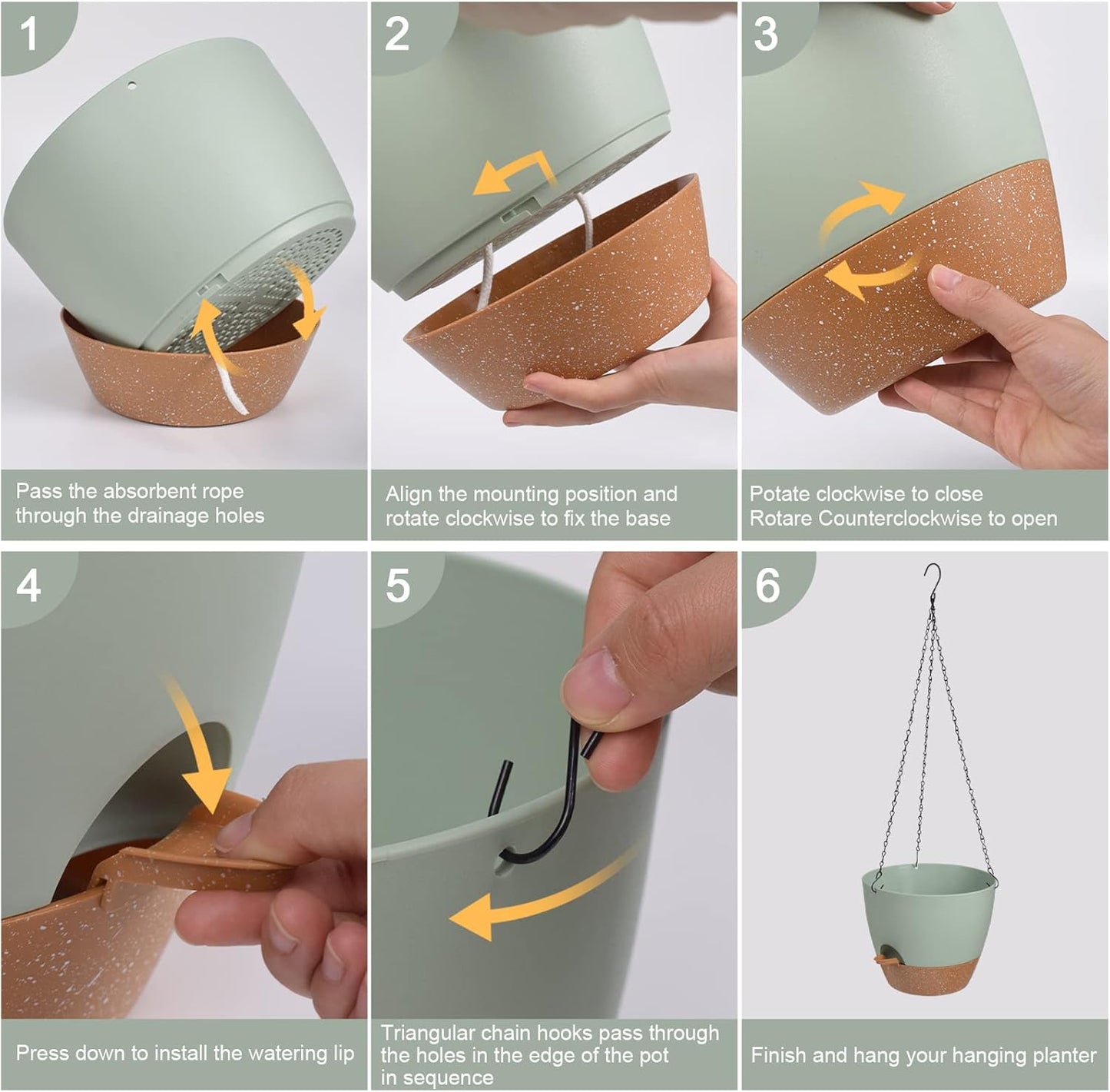 Hanging Planters for Indoor Outdoor Plants, 2 Pack Self Watering Hanging Pot with Drainage Holes & Removable Tray (Green, 6'')