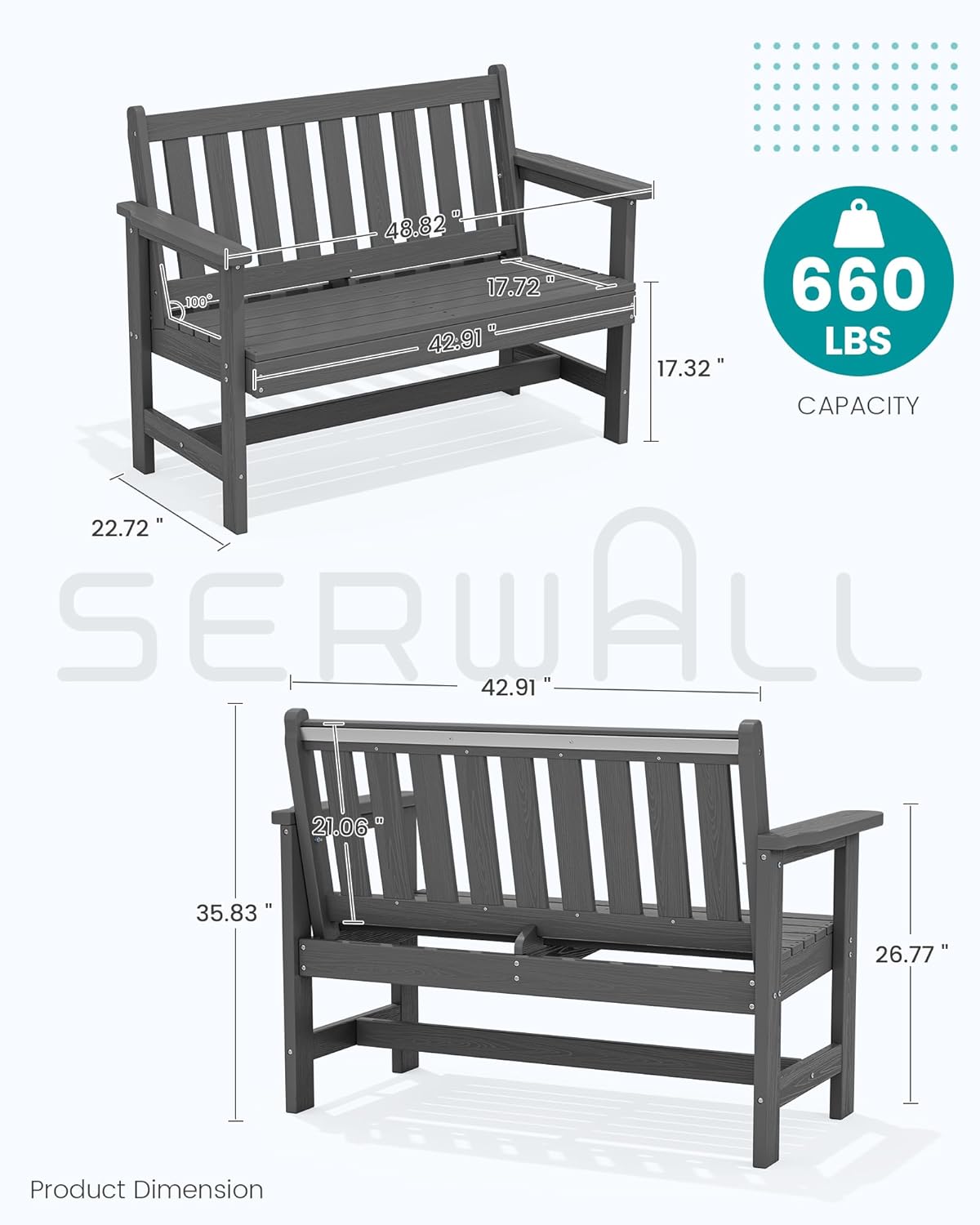 SERWALL Outdoor Bench, HDPE Outdoor Benches Weatherproof, 2-Person Garden Bench with 660 lbs Weight Capacity, Patio Benches for Outdoors, Garden, Porch, Backyard and Park, Grey, 6 Pack