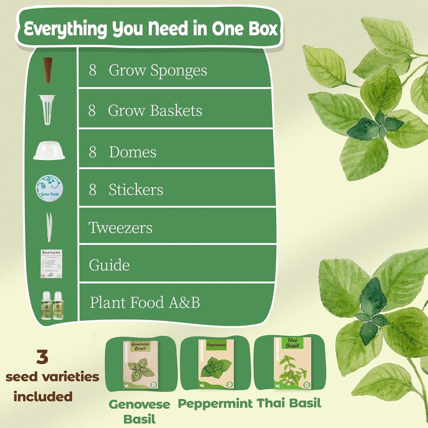 Herb Seed Pods Kit Hydroponic - Refill Pod for All Indoor Garden, 8 Grow Pods with Seeds of Genovese Basil, Peppermint and Thai Basil, Compatible with All Hydroponics Growing Systems