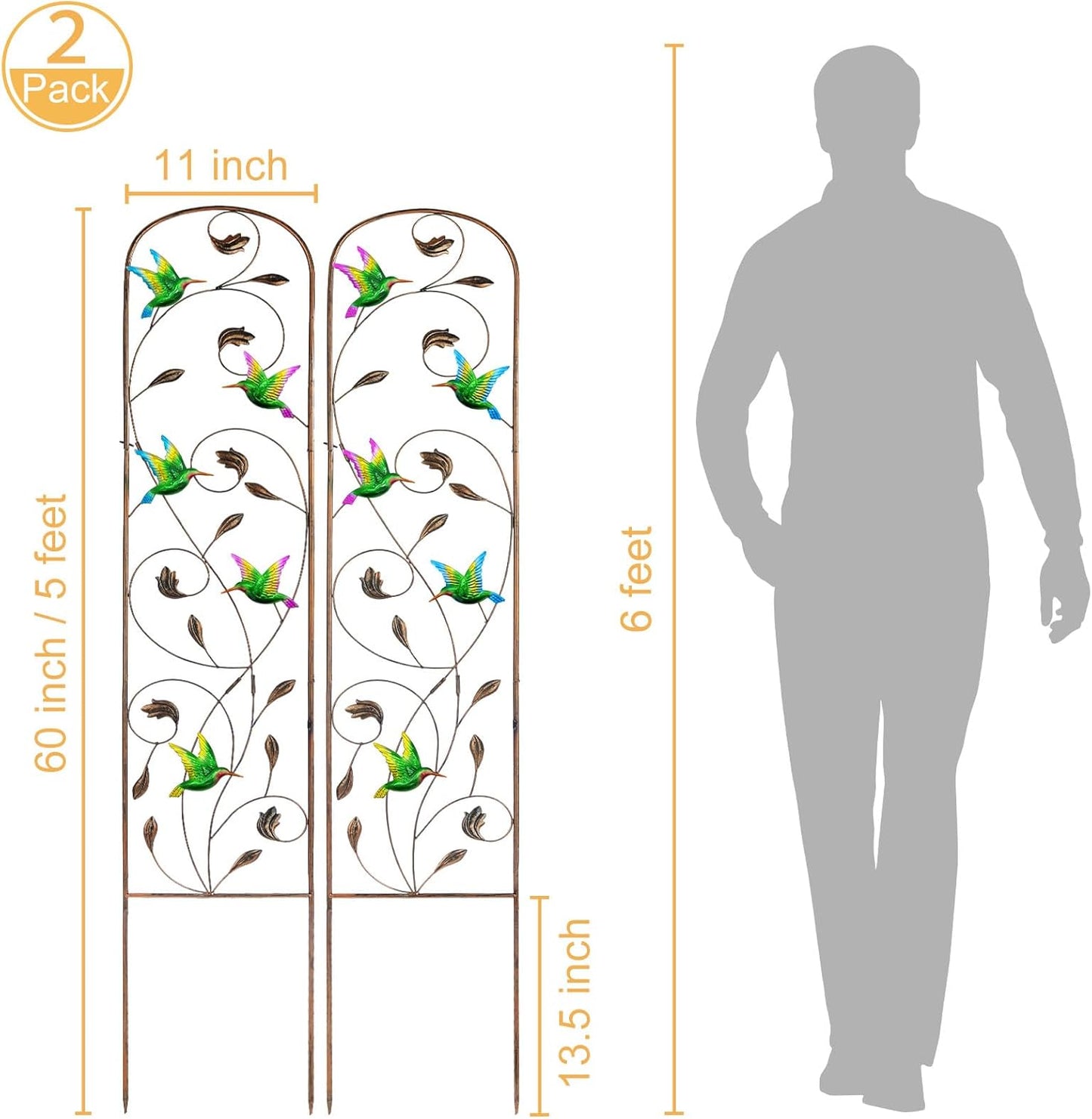 LEWIS&WAYNE 2 Pack Metal Garden Trellis with Colorful Hummingbird 60 Inch High Outdoor Decoration Arched Fence Trellis for Climbing Plants for Patio, Lawn, Yard, Backyard, Wall Brackets