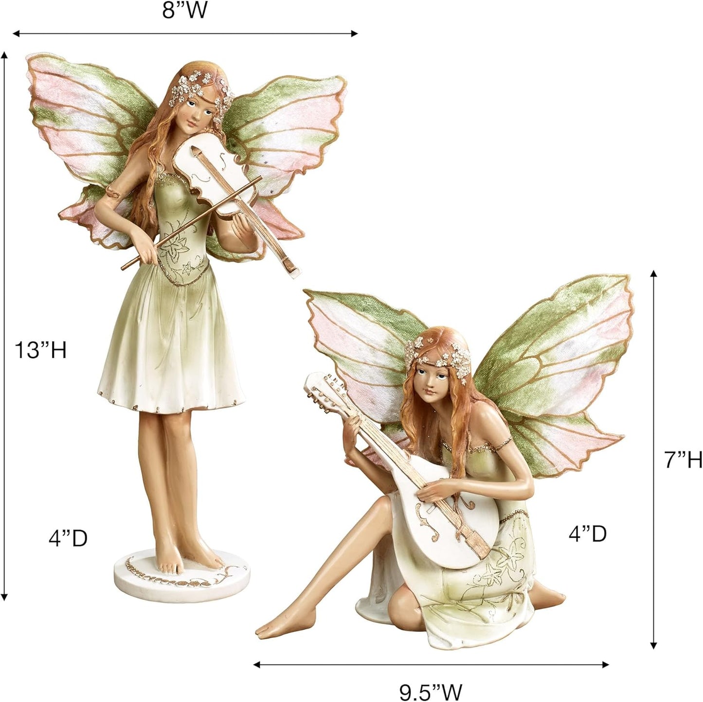Fairy Concerto Figurines Green and Pink Tones 8-9.5" Wx4 Dx7-13 H Set of 2