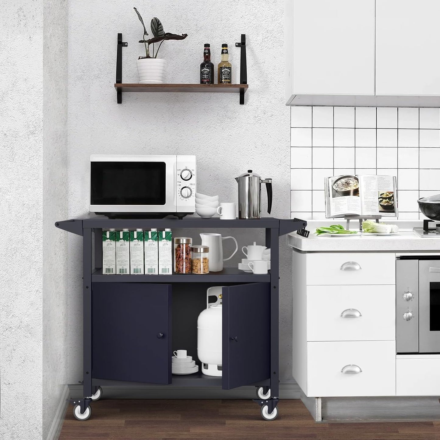 Outdoor Grill Table with Storage, Movable Grill Cart, Outdoor Kitchen Island Prep Stand Station,Blackstone Griddle Stand, BBQ Serving Cart Rolling Bar Cart with 4 Utensil Hooks