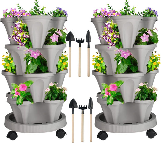 DUNCHATY Stackable Planter, Vertical Garden Planter with Wheels and Tools, Self Watering Strawberry Planter Indoor/Outdoor 4 Tier Herb Planter Pots for Growing Vegetables and Succulents,Gray