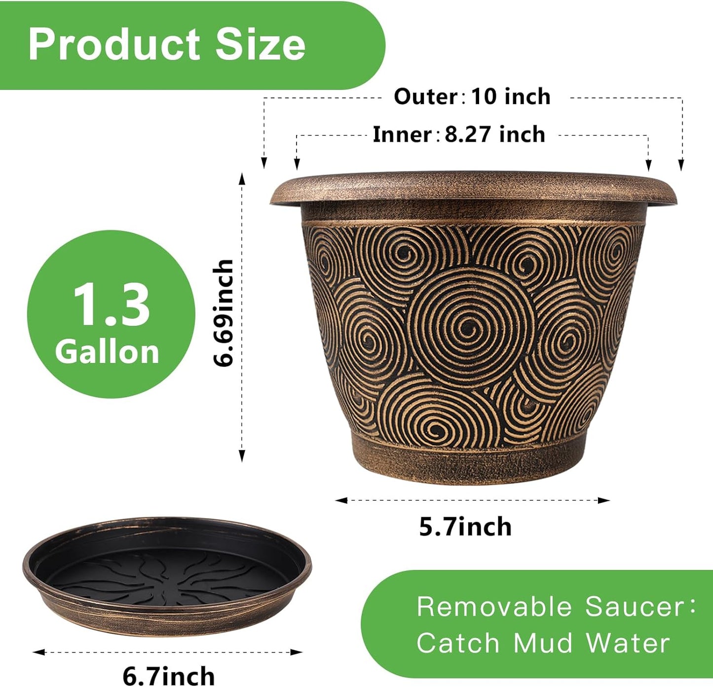 10 Inch Flower Pots Planters for Indoor Outdoor Plants, 3 Pack Plastic Large Plant Pots with Drainage Hole & Tray, Modern Decorative Garden Pot with Saucer, Plant Container for House