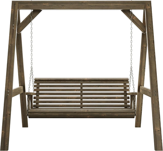 Amish Casual 5 Foot Roll Back Swing with A-Frame Stand in Dark Walnut - Freestanding Wood Porch Swing for Patio, Yard or Garden