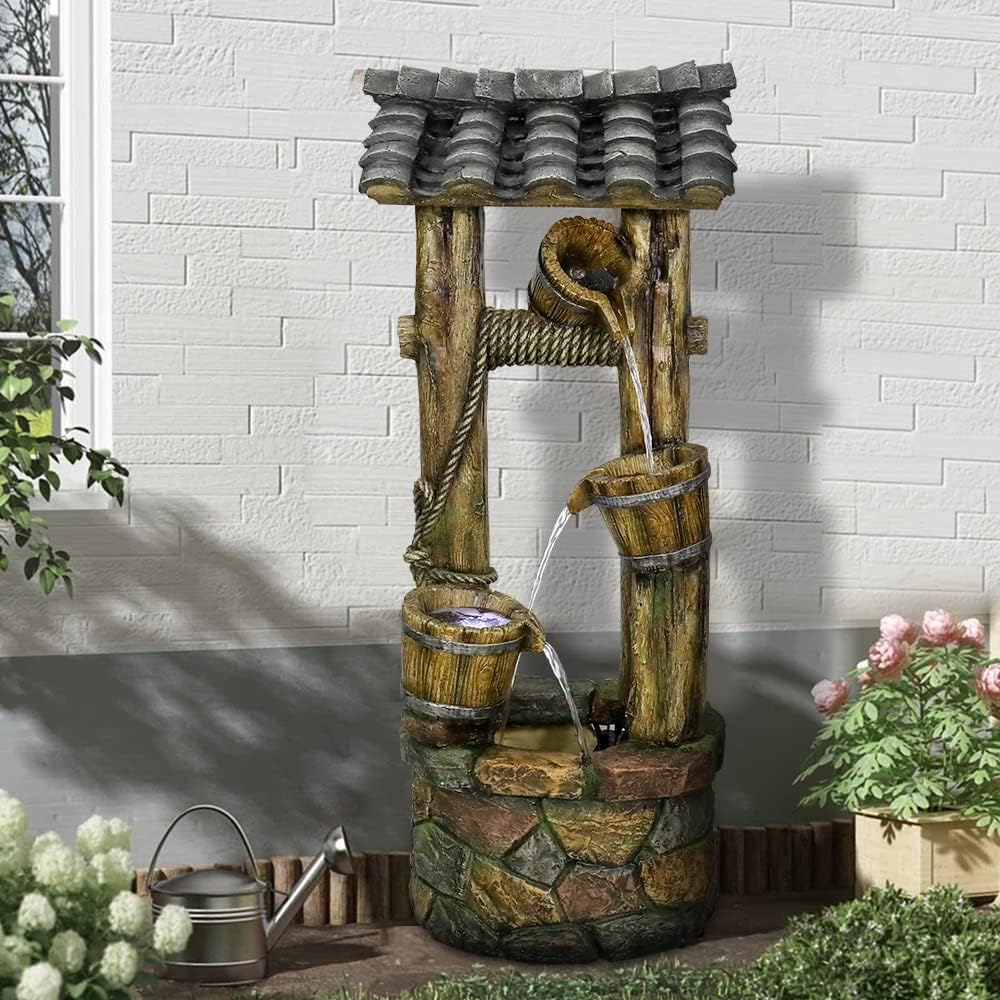 Wishing Well Water Fountain, 39.3inches Rustic Outdoor Water Fountains - Outdoor Cascading Waterfall with Buckets, Pump & Lights for Backyard Patio Decor