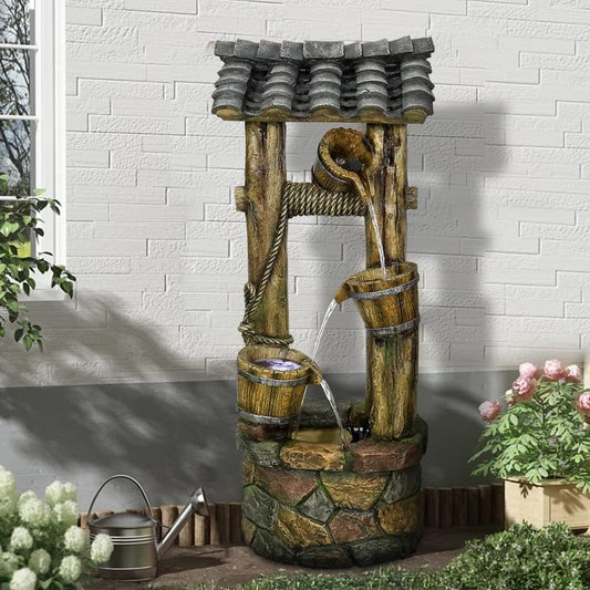Wishing Well Water Fountain, 39.3inches Rustic Outdoor Water Fountains - Outdoor Cascading Waterfall with Buckets, Pump & Lights for Backyard Patio Decor