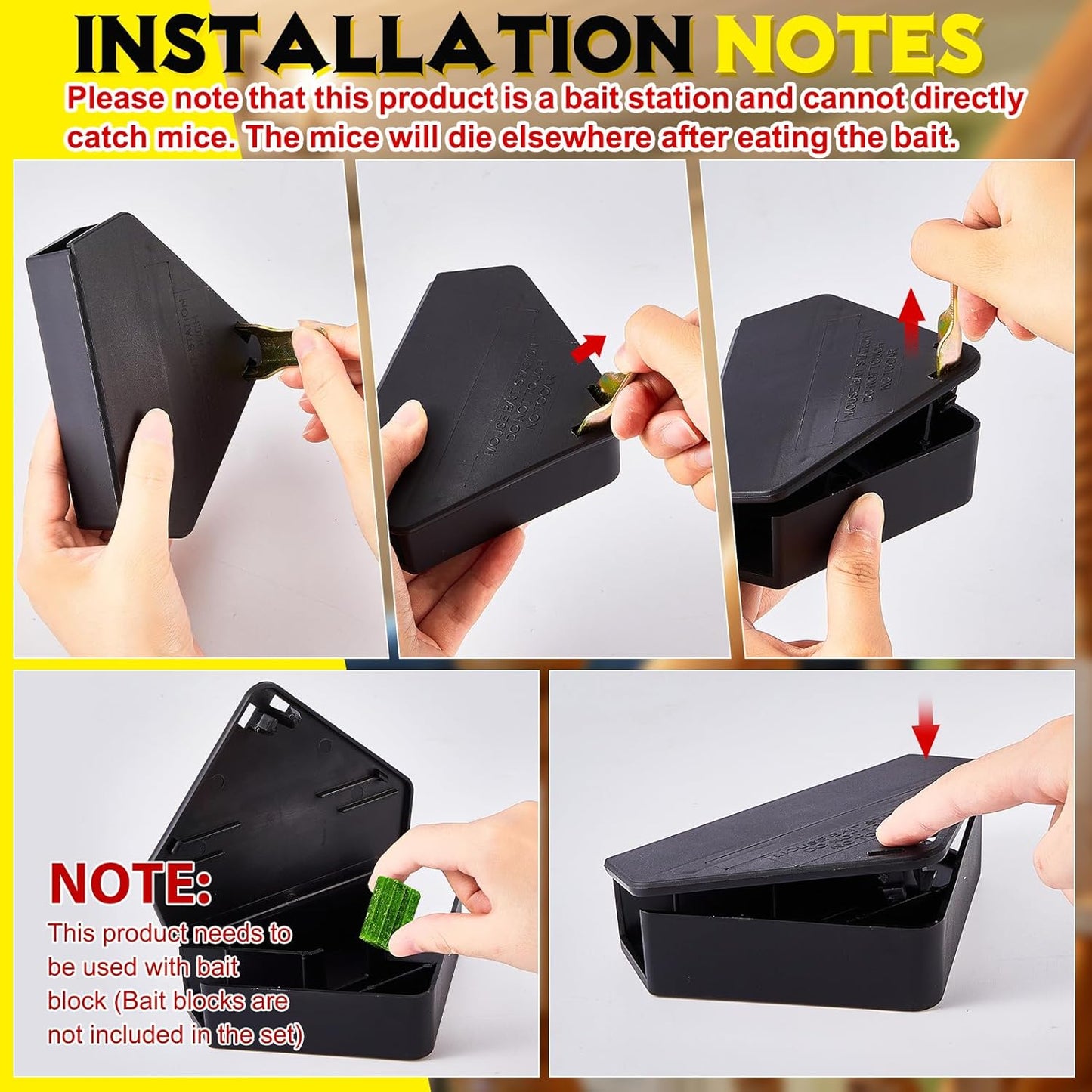 Qualirey 6 Pcs Mice Station with Key Triangle Bait Station Reusable Rodent Trap Bait Box, Keeps Children and Pets Safe Indoor & Outdoor, Bait Not Included, Suitable for Small Mice (Black)