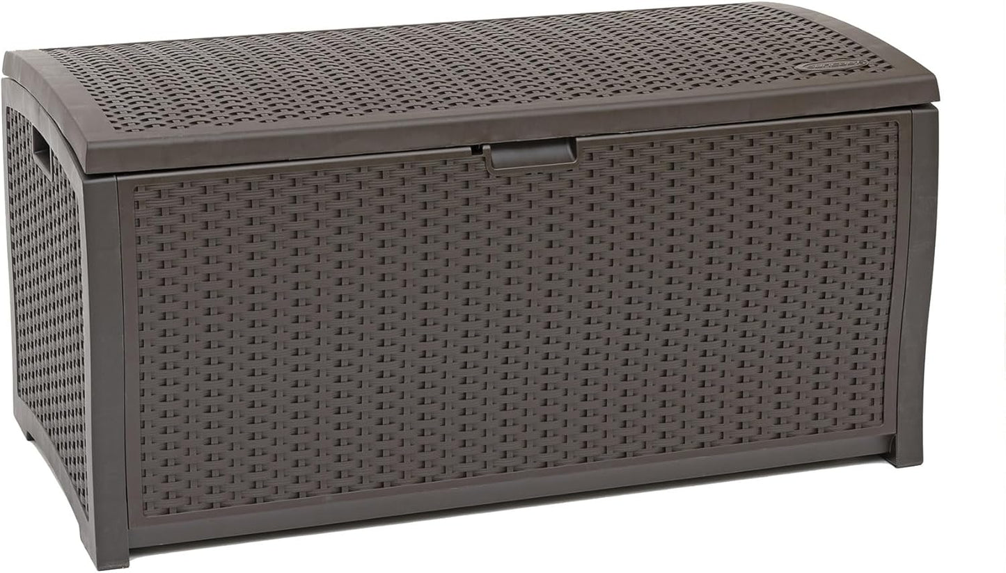 Suncast DBW9200 99 Gallon Outdoor Wicker Plastic Patio Storage Chest Bin with Handles for Patio, Garden, Garage, or Pool for All Weather, Mocha