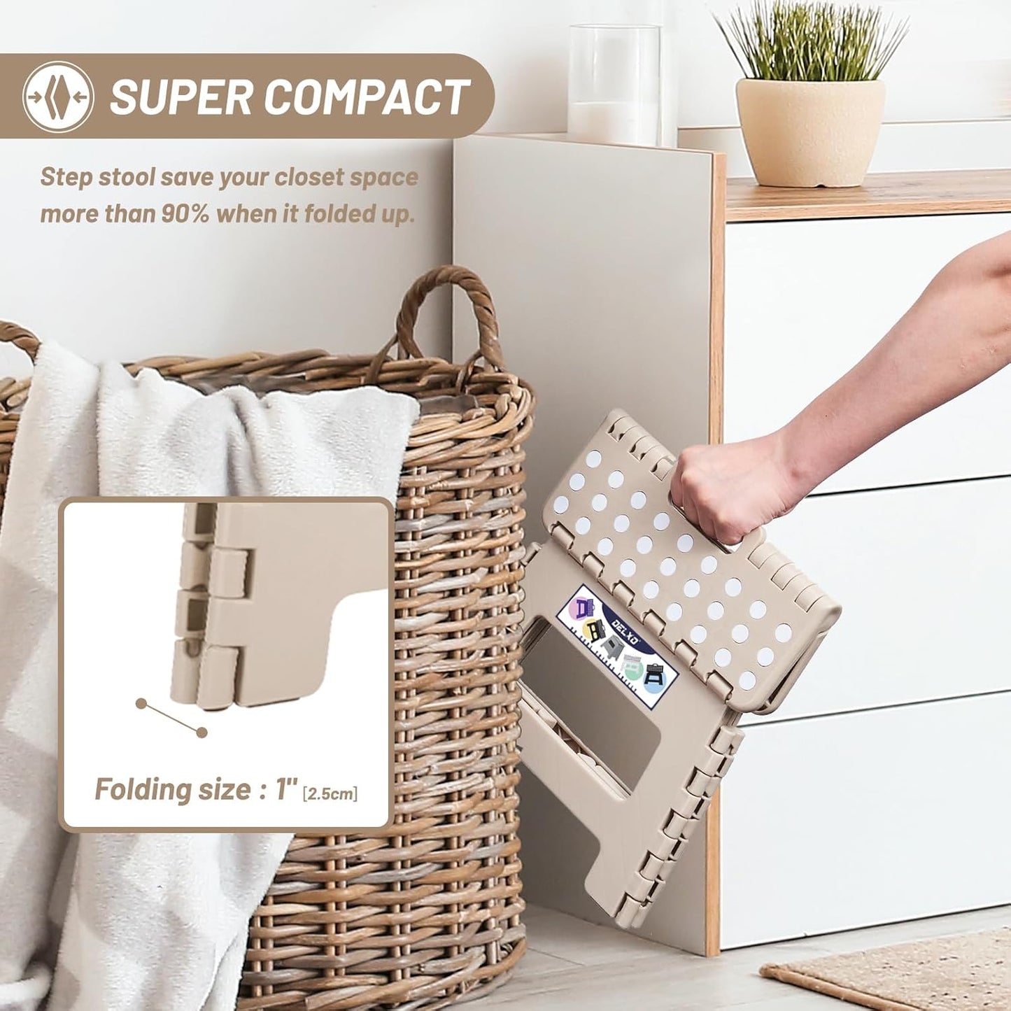 Delxo Folding Step Stool,9 Inch Lightweight Plastic Stepstool,Portable Collapsible Foldable Step Stool Non Slip Folding Stools for Kitchen Bathroom Bedroom in Khaki,1 Pack