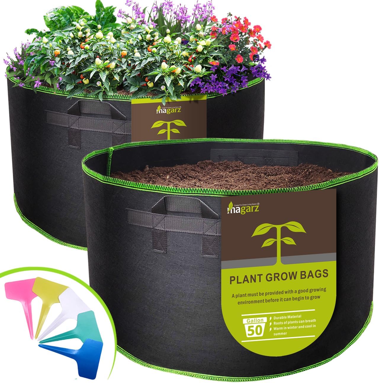 2-Pack 50 Gallon Fabric Flower Pots Garden Felt Grow Bags with Handle (Black)