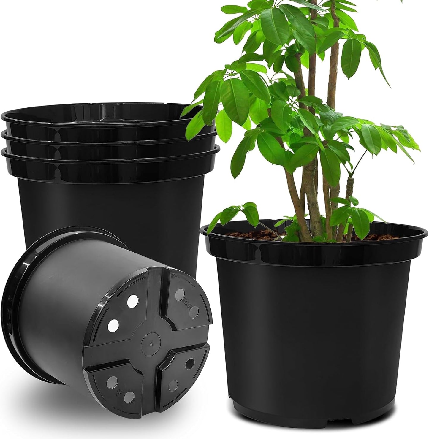 5 Gallon 12 Inch Plastic Nursery Pots, Plant Containers with Drainage Holes, Round Sturdy Garden Planters for Indoor/Outdoor Greenery, Gardening Gifts for Women (5-Pack, Black)