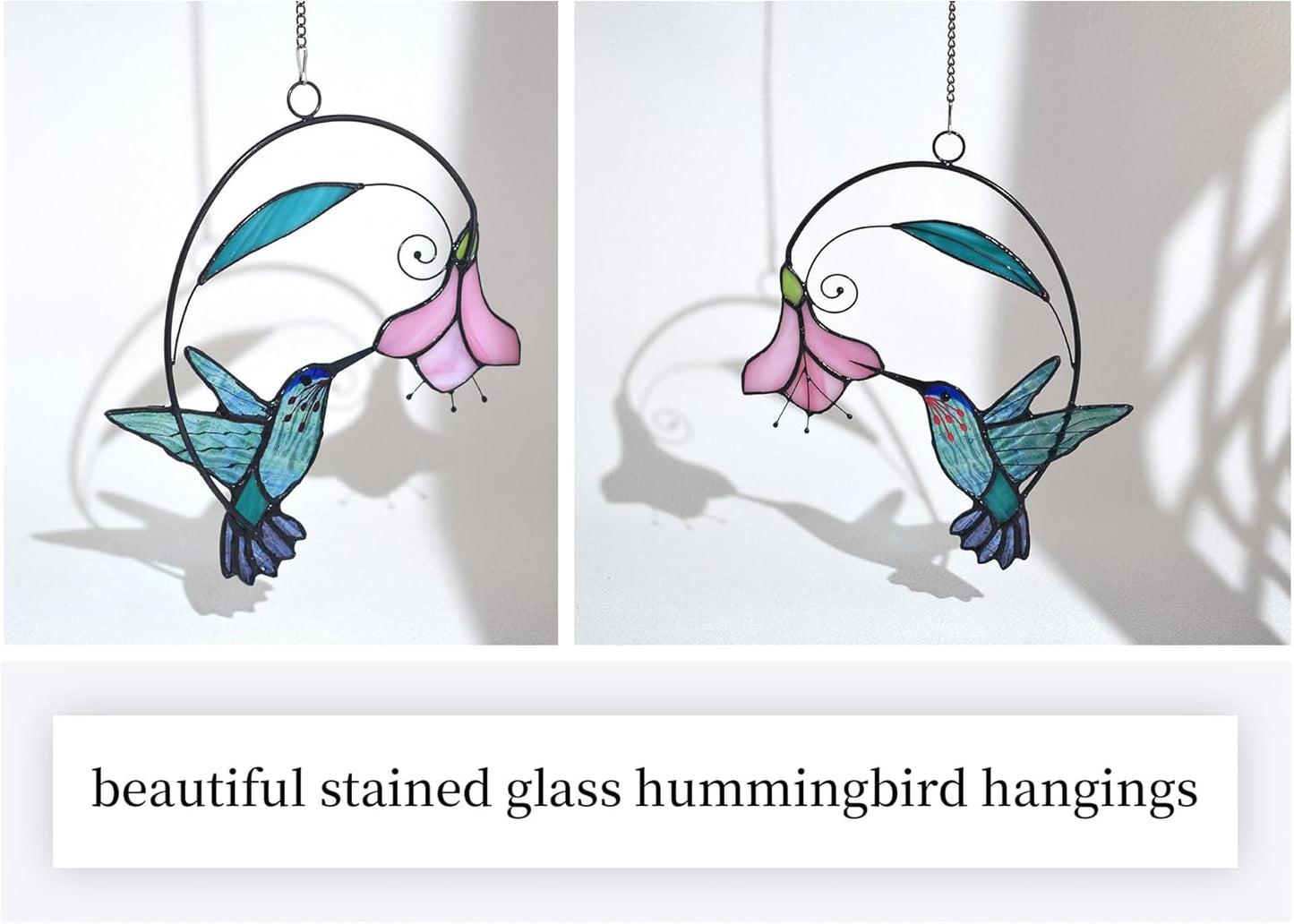 Lolitarcrafts Stained Glass Hummingbird Window Hangings with Flowers, Bird Stained Glass Suncatcher for Window Decor Hummingbird Gifts for Mom,Bird Lovers (Blue with Flower A)
