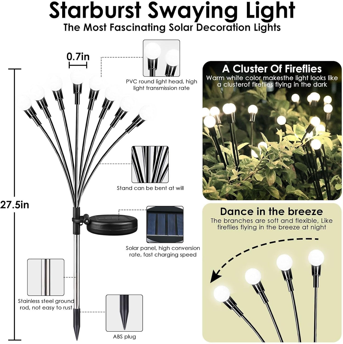 BOSSERN 2025 Solar Lights Outdoor Waterproof, 10 Pack Solar Garden Lights, Firefly Light Outdoor Waterproof, Twinkle Swaying Fairy Light for Yard Patio Pathway Garden Decoration (Cold White)
