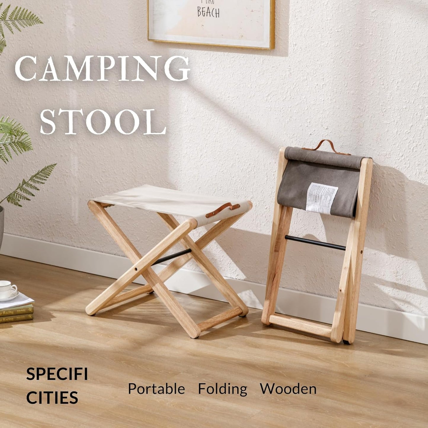 Folding Camping Stools Set of 6, Canvas Folding Stool with Wood Legs Portable Camp Stool Chairs for Outdoor Fishing Picnic Travel BBQ, Beige