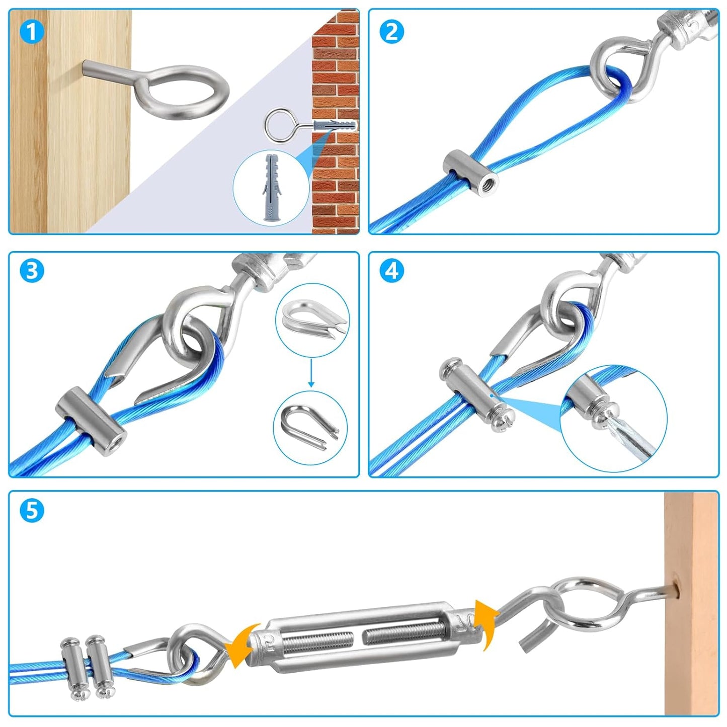 Turnbuckles for Cables Wire, 1/8" X 100Ft Blue PVC Coated Wire Rope Kit, Multi-use Steel Cable for Grape Vines/Clothes Line Outdoors for T Post/String Light Hanging/Garden Wire