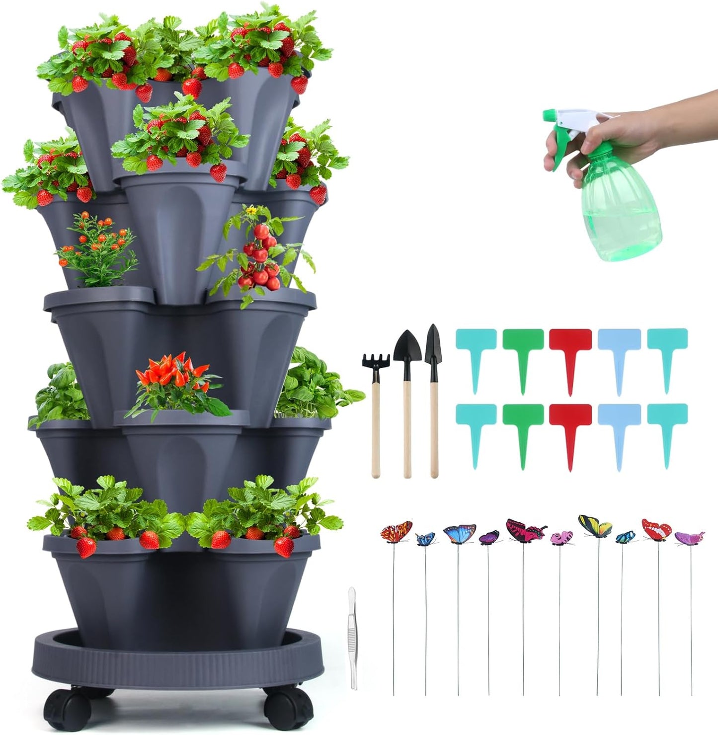 Vertical Planter, 5 Tier Stackable Strawberry Planter with Garden Tool Set, Movable Indoor/Outdoor Garden Herb Pot for Growing Vegetables and Succulents, Dark Gray