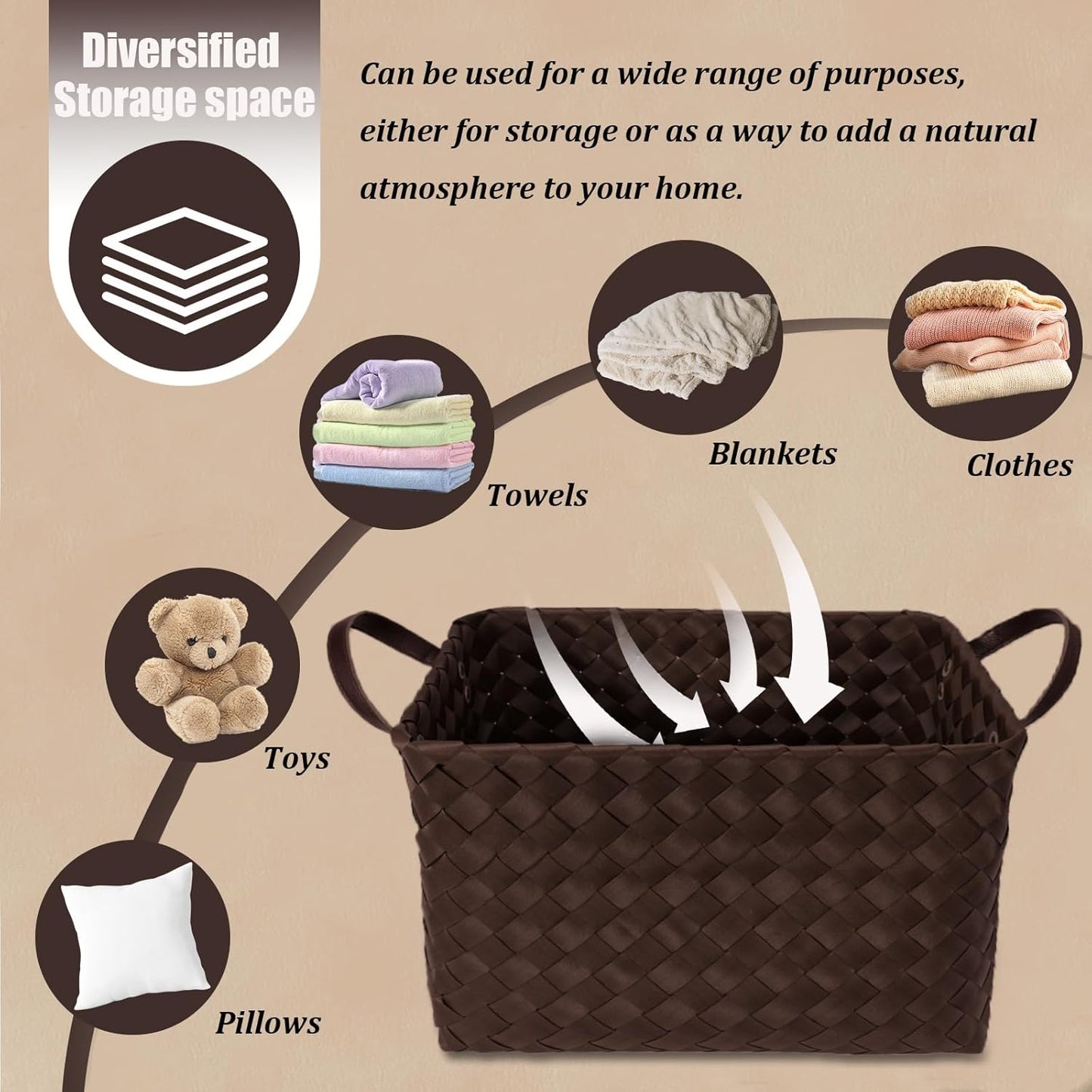 Handwoven Clothes Basket Laundry Hampers Large Wicker Storage Baskets for Shelves Blankets Closet Storage Bins Car Bedroom Bathroom Organizers and Storage Bath (Pack of 4, Espresso color)