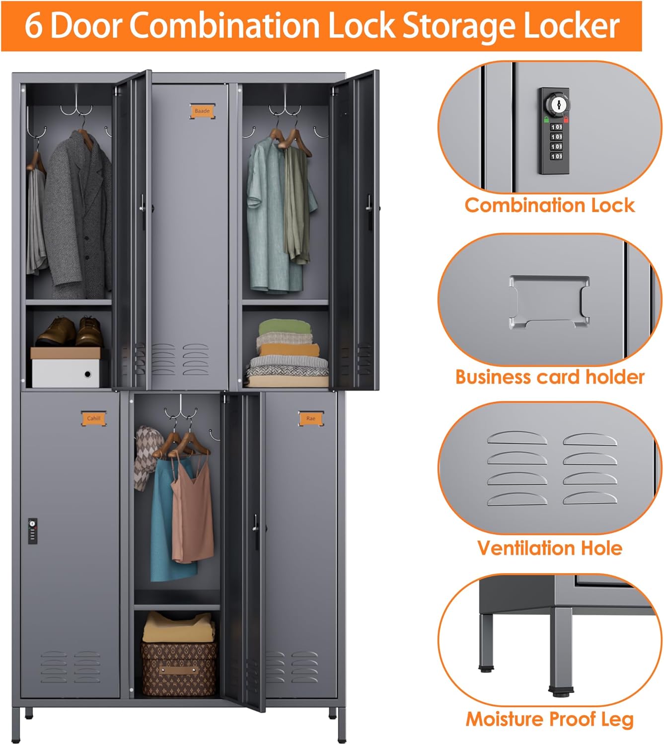 6 Doors Metal Storage Lockers for Employees with Combination Lock and Hooks,72" H Employee Lockers with Business Card Holder for Offices School Gyms Home,Assembly Required,Dark Gray