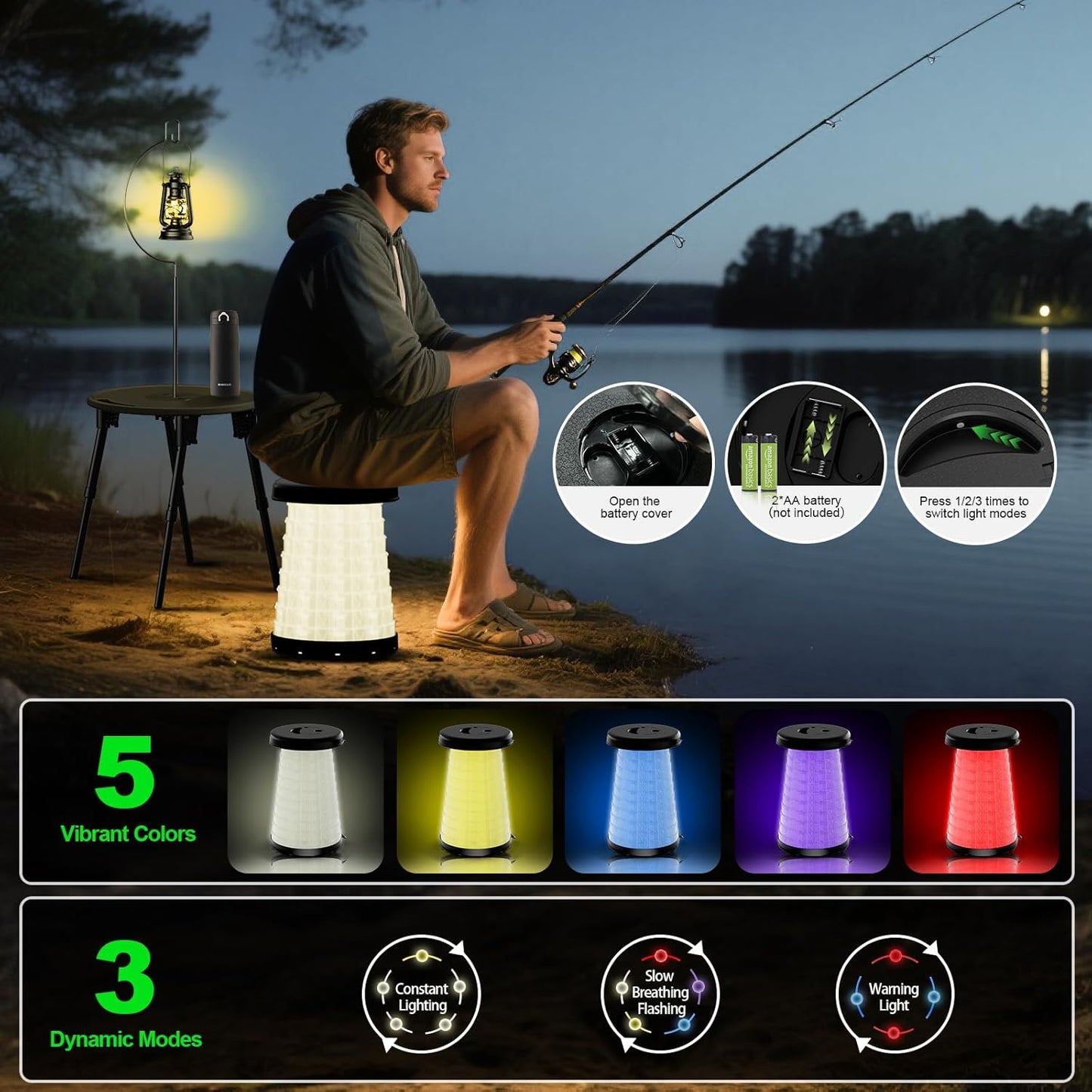 LED Camping Table Set with Stools, 300lbs Capacity Adjustable Height Folding Table & Chairs, All-in-One Compact Design for Outdoor, Camping, Picnic, Tailgating