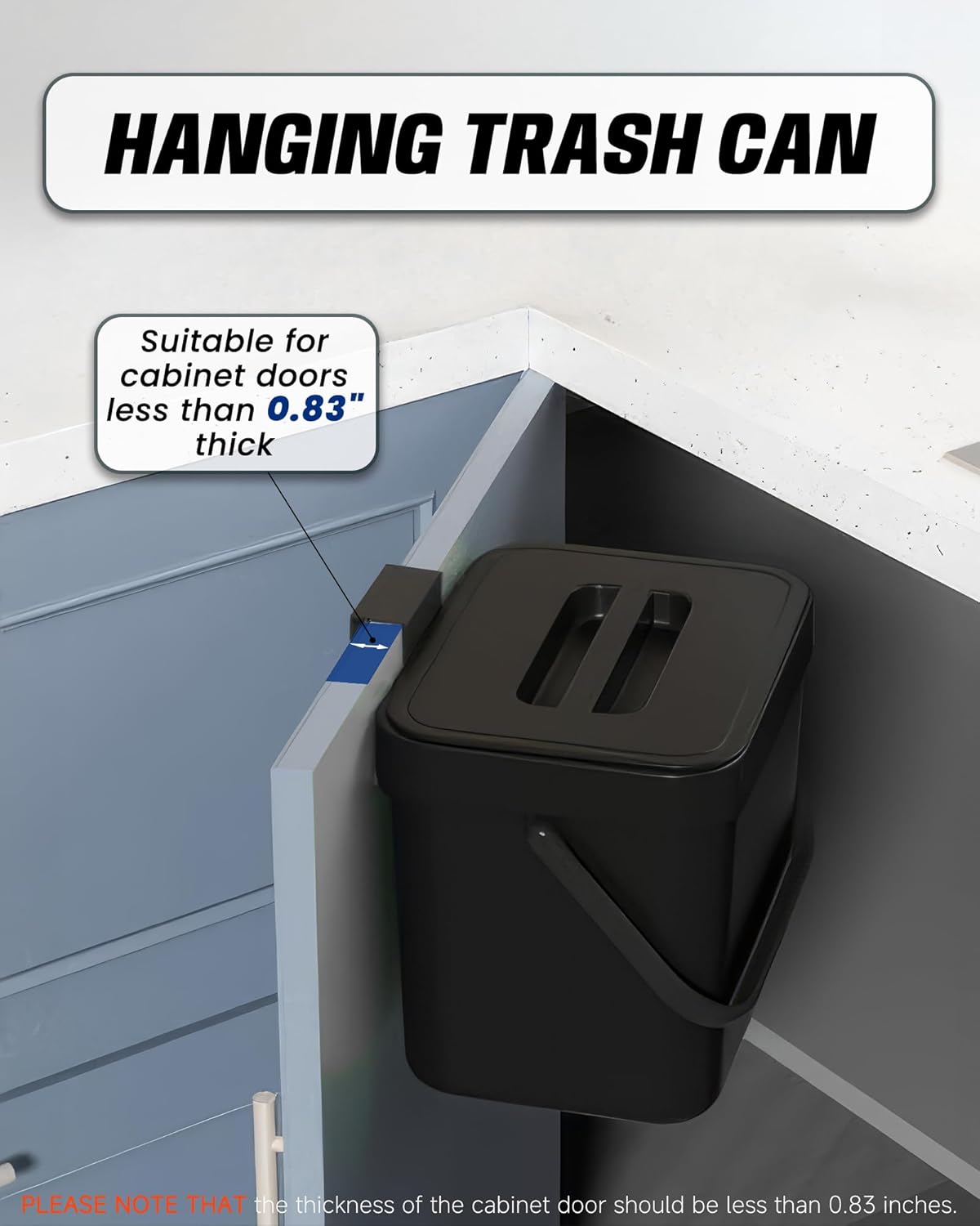 Countertop Compost Bin Kitchen, 1.8 Gallons Hanging Trash Can with Lid for Kitchen Cabinet Door, Under Sink, Wall Mounted Waste Bin for Bathroom, 7L(Black)