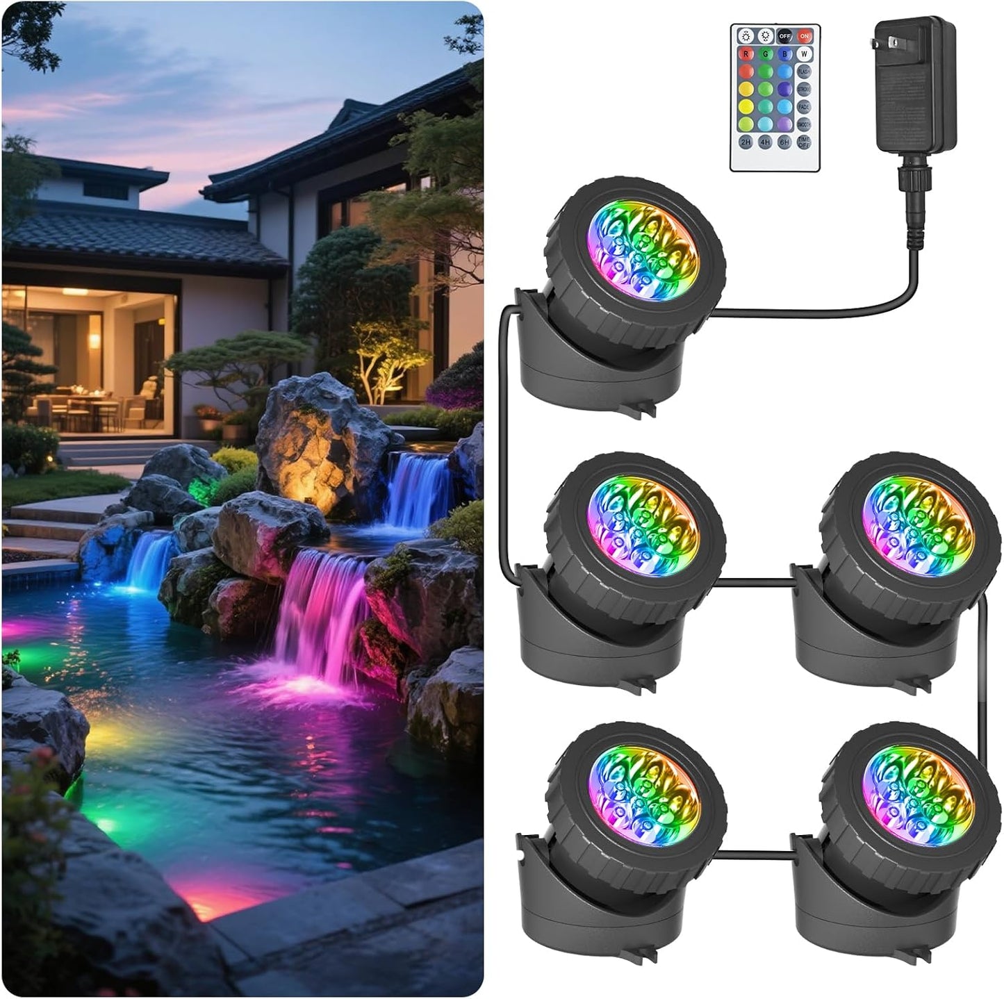 T-SUN LED Pond Light, 5 Head Lamps Submersible LED Pond Lights Color Changing Garden Pond Light with Remote Control, RGB Fish Tank Lights Fountain Spotlight for Garden, Pool, Aquarium Tank(5 Headlamp)