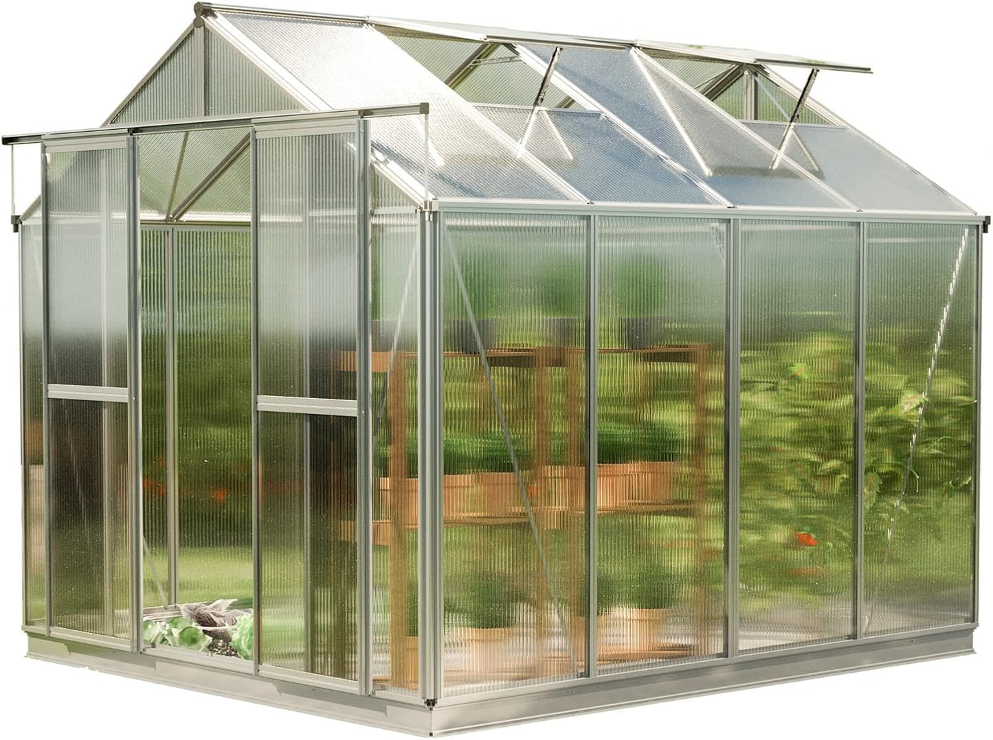 Greenhouse Saphir 4 Aluminum Frame 8.5 x 8.5 ft Approx. 8 mm Polycarbonate Panels - with Bonus Base Frame and Automatic Vent Opener