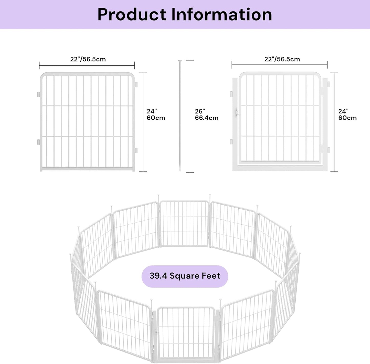 Decorative Garden Fence with Gate 24 in(H) x 22.2 ft(L) 12 Panels, Heavy Duty Metal Animal Barrier Fence for Yard, Flower Bed Fencing, Garden Border Fence, Easy Set Up, White