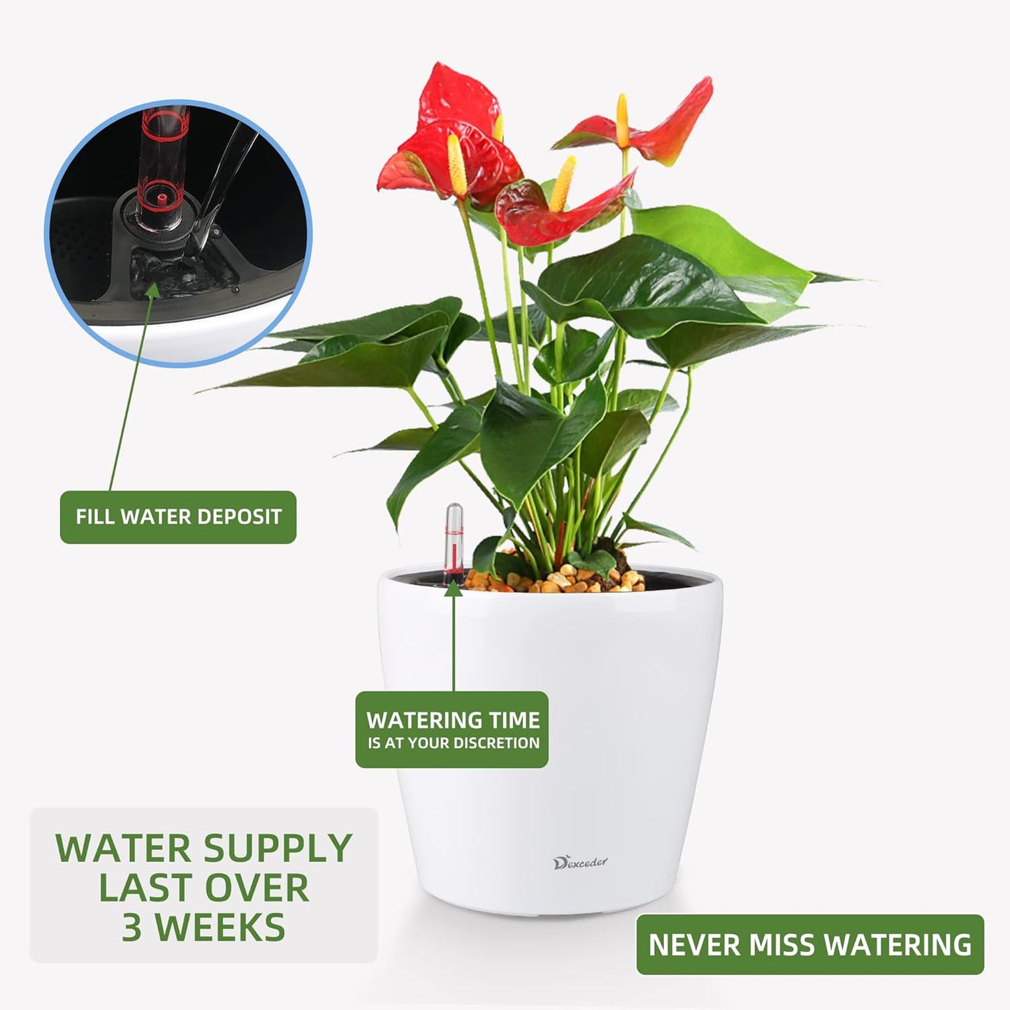 Dexceder 9x8 Inches High Gloss Self Watering Planter Indoor Outdoor, Inner Pot Design, Thickened Table Flower Plant Pot with Water Level Indicator (White)