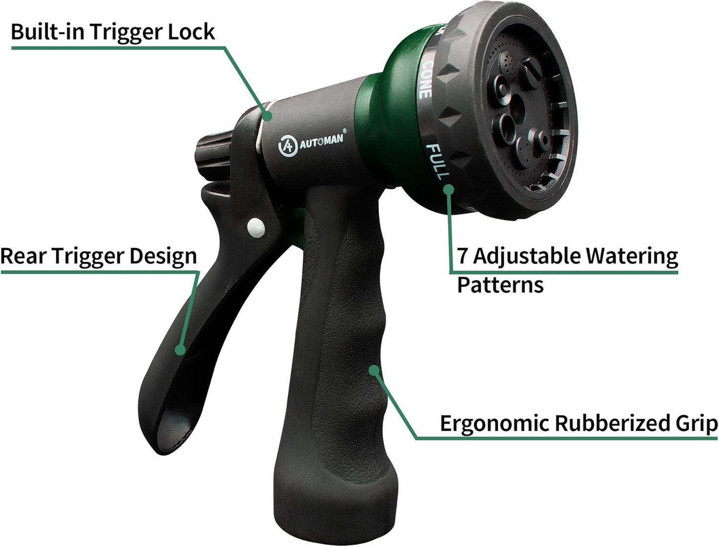 AUTOMAN-Garden-Hose-Nozzle, ABS Water Spray Nozzle with 7 Adjustable Watering Patterns, Slip Resistant for Watering Plants, Lawn& Garden, Washing Cars, Cleaning, Showering Pets & Outdoor Fun.
