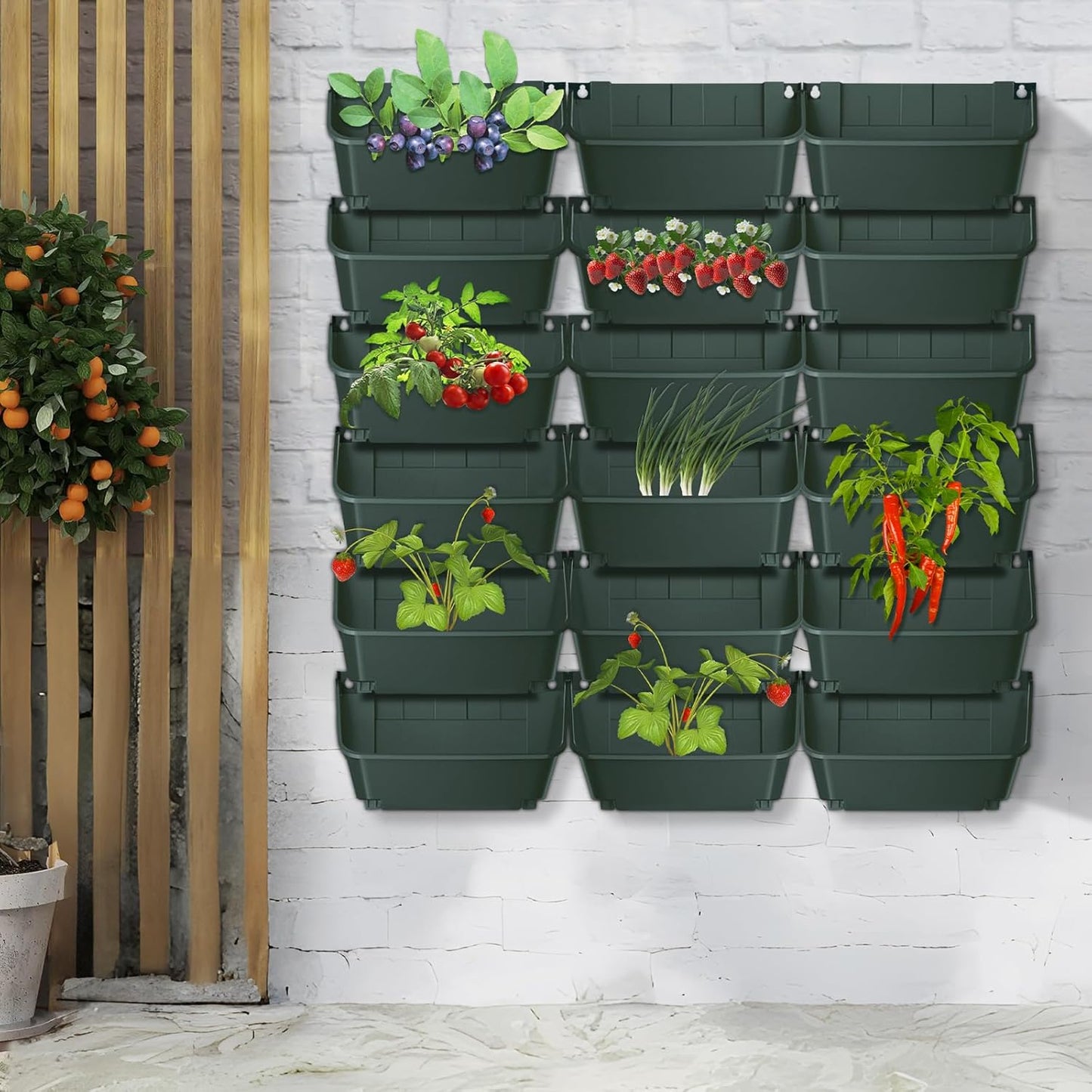 Eapmic Vertical Wall Planter with 18 Pots, Hanging Garden Plant Flowerpot Holder, Stackable Wall-Mounted Planter, Balcony Planters for Flowers Vegetables Fruits (Dark Green, 18 Pots)
