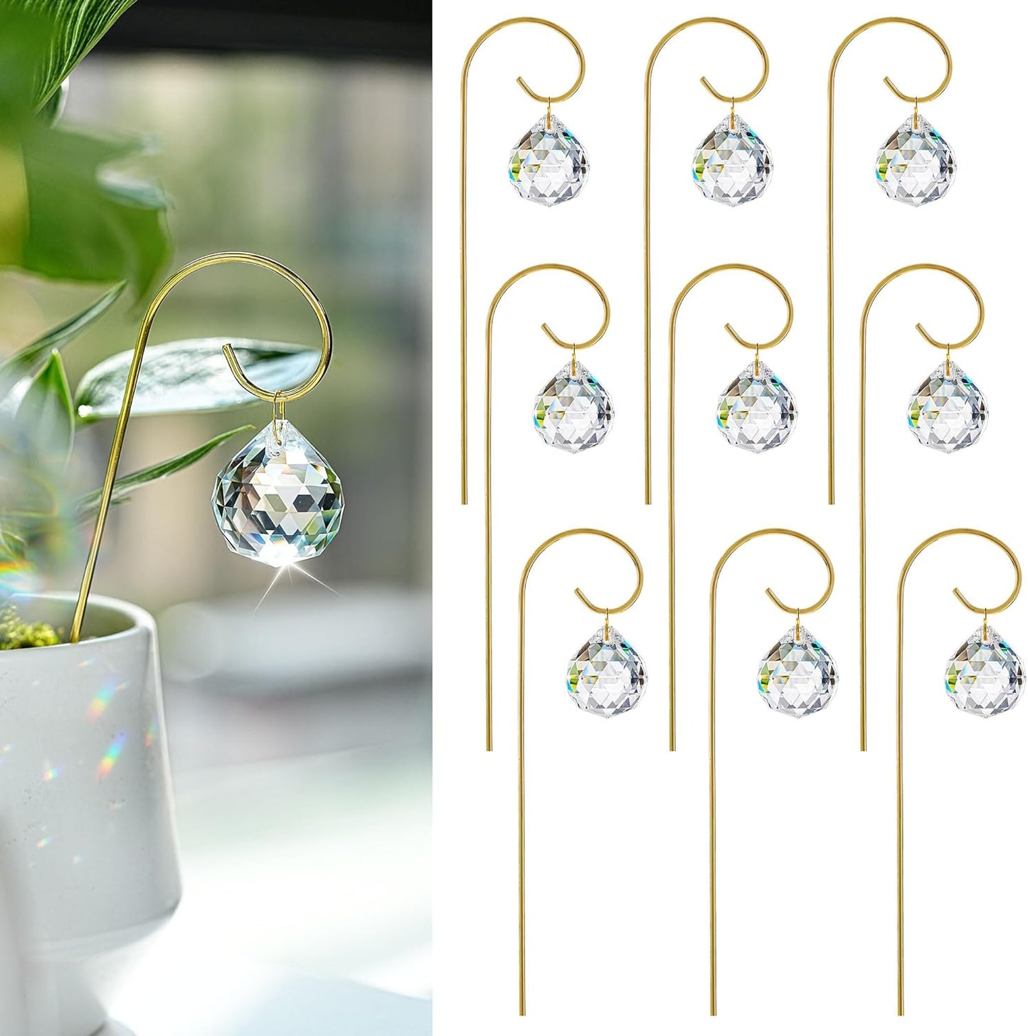HDCRYSTALGIFTS 9pcs 30mm Crystal Ball Prism Suncatchers with 7.5'' Gold Plant Pot Trellis for Miniature Garden and Potted Plant Decorations, Fairy Garden Sun Catchers for Indoor Plants Accessories