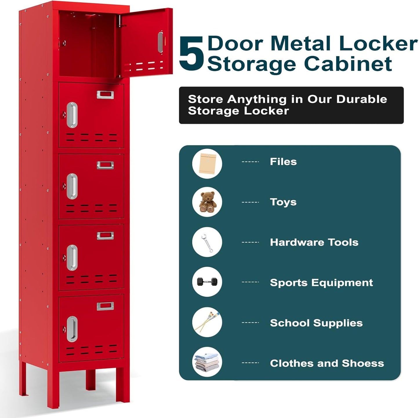 Metal Lockers - 66" Height Steel Lockers for Employees with 5 Door Storage Locker with Card Slot for Employees Gym School Home Office Garage - Assembly Required