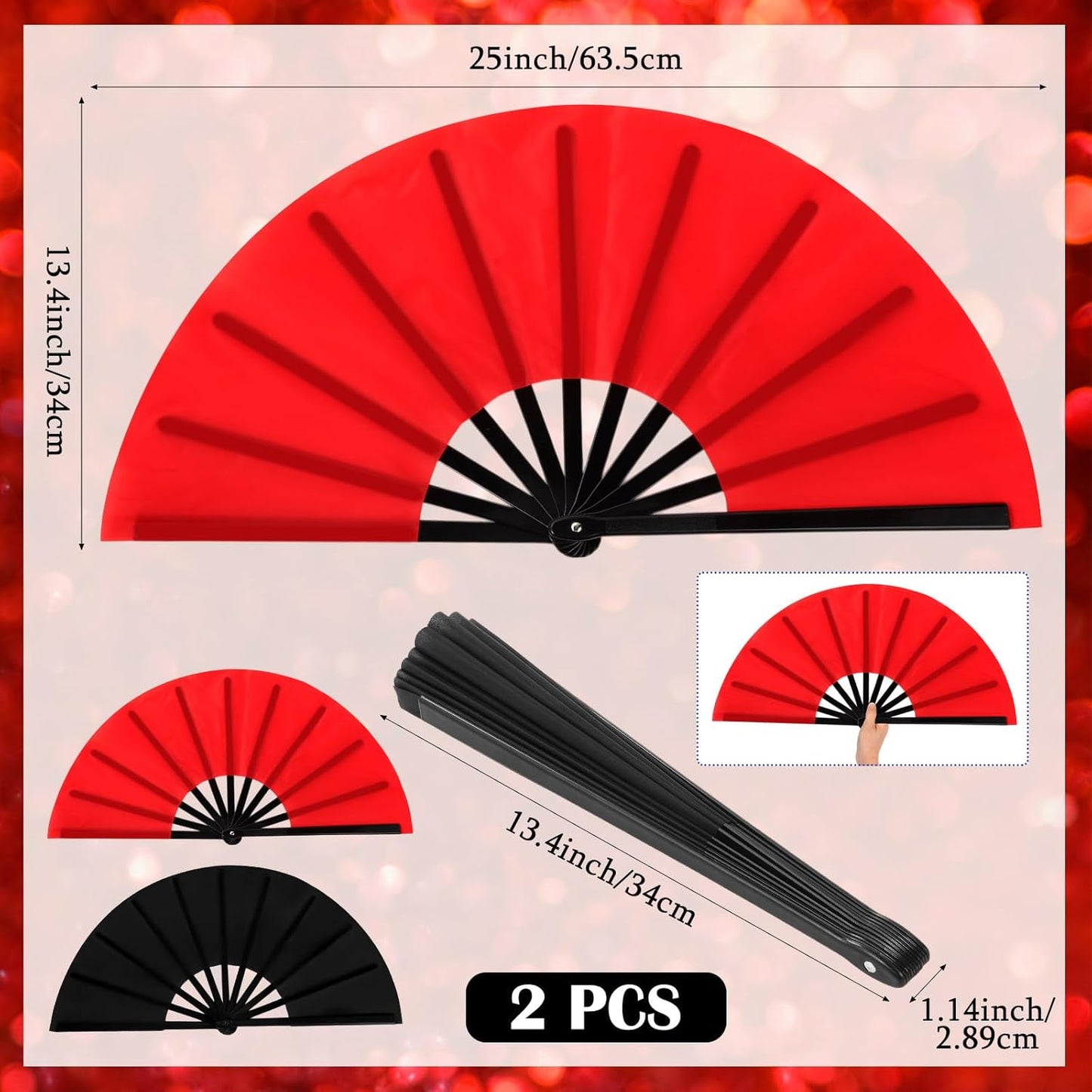 Maitys 2 Packs Large Clap Fans for Line Dancing Large Chinese Folding Hand Fans for Men and Women, Festival, Tai Ji, Kungfu, Martial Art, Gifts (Black and Red)