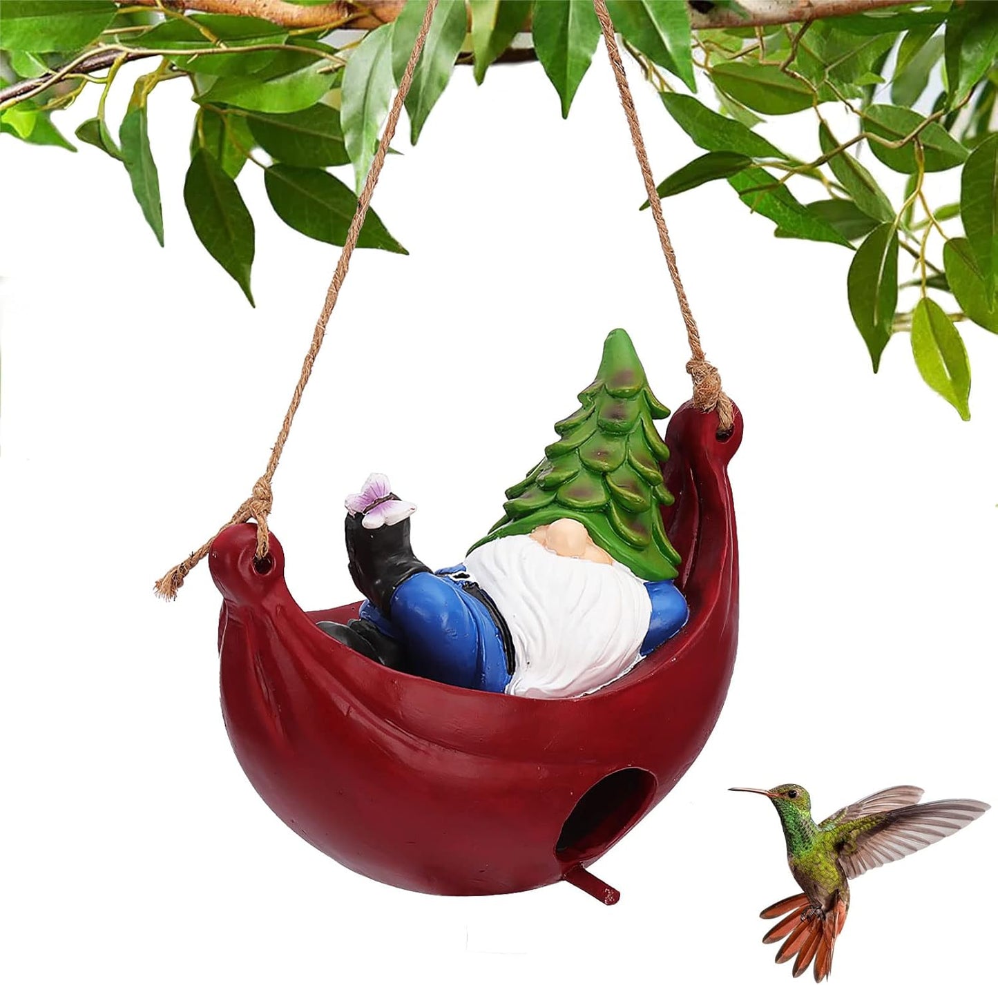 BAYN Bird House for Outside, Hanging Handcrafted Hammock Gnome Resin Outdoor birdhouses Humming Bird, Bluebird, Wren, Camper Hanging Houses nest cage