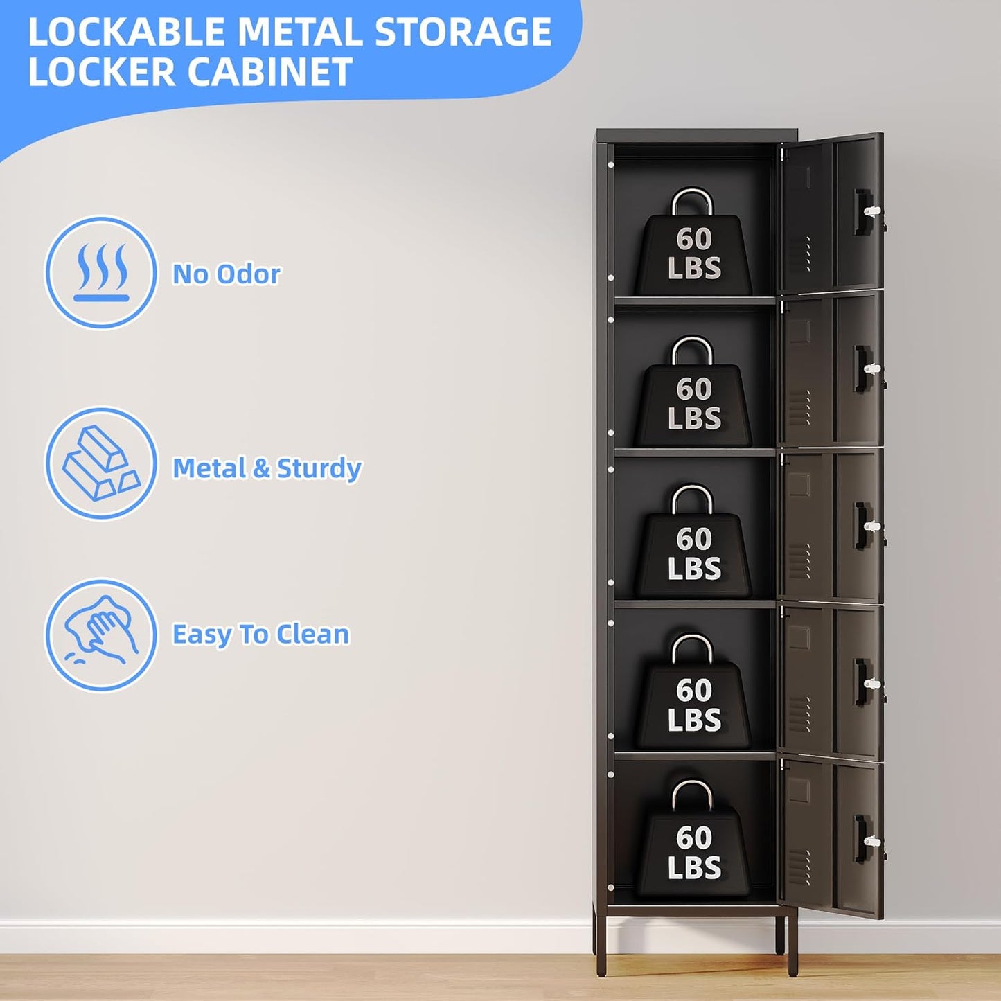 Metal Locker with Lock and Ventilation Holes,Metal Storage Locker with Business Card Slot for Home,Gym,Garage,School,Office,66" H x 15.8" W x 15.8" D Assembly Required,Black