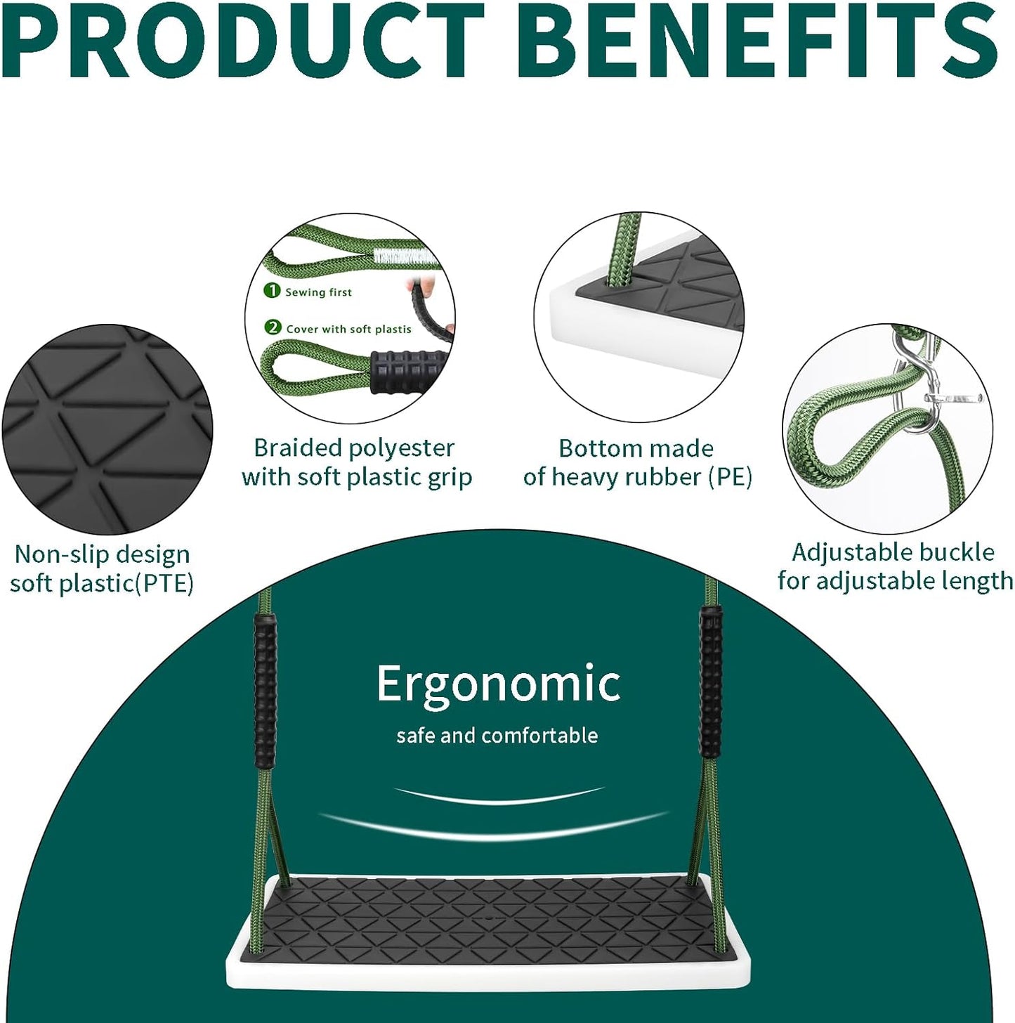 Heavy Duty Swing Seat Non-Slip with Tree Rope Adjustable Swing Set Accessories Replacement for Kids Outdoor Backyard Playground Jungle Gym，Black