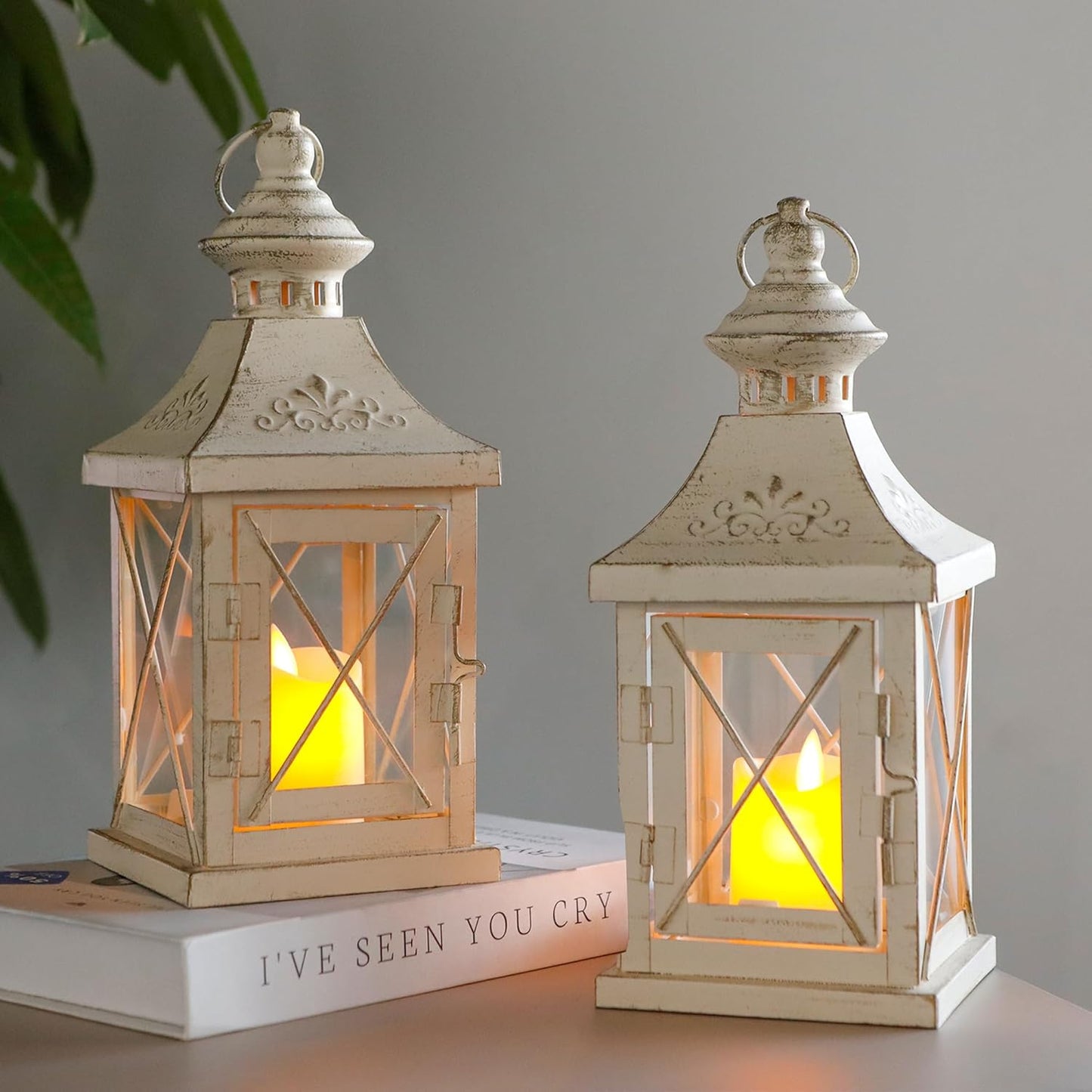 TRIROCKS Set of 2 Decorative Candle Lantern 11'' High Metal Candle Holder Hanging Lantern Perfect for Home Decor Halloween Living Room Parties Events Tabletop Indoors Outdoors (White with Gold Brush)