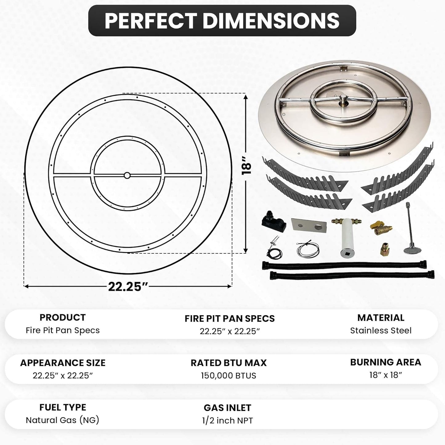 Stainless Steel Fire Pit Burner Pan & Ring Pro Kit for Natural Gas, 22-Inch Pan, 18-Inch Ring, 150,000 BTU Max