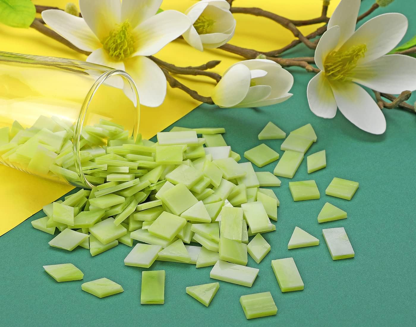 Lanyani 200 Mixed Color Glass Mosaic Tiles - 4 Shapes, Tiffany Stained Glass Pieces for Crafts, Chartreuse Green