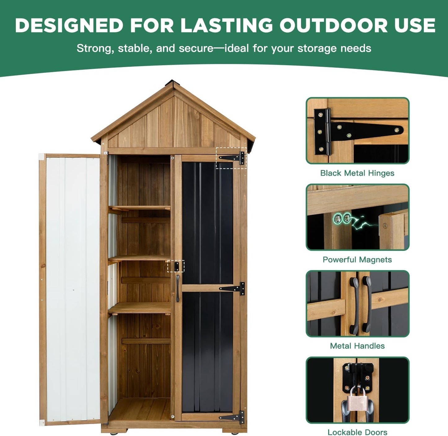 Outdoor Storage Cabinet, Wood & Metal Storage Shed with Weather-Resistant Roof, Adjustable Shelf, Lockable Doors & Adjustable Feet, for Garden, Patio, Backyard, 27.5" x 13" x 67" (Brown+Black)