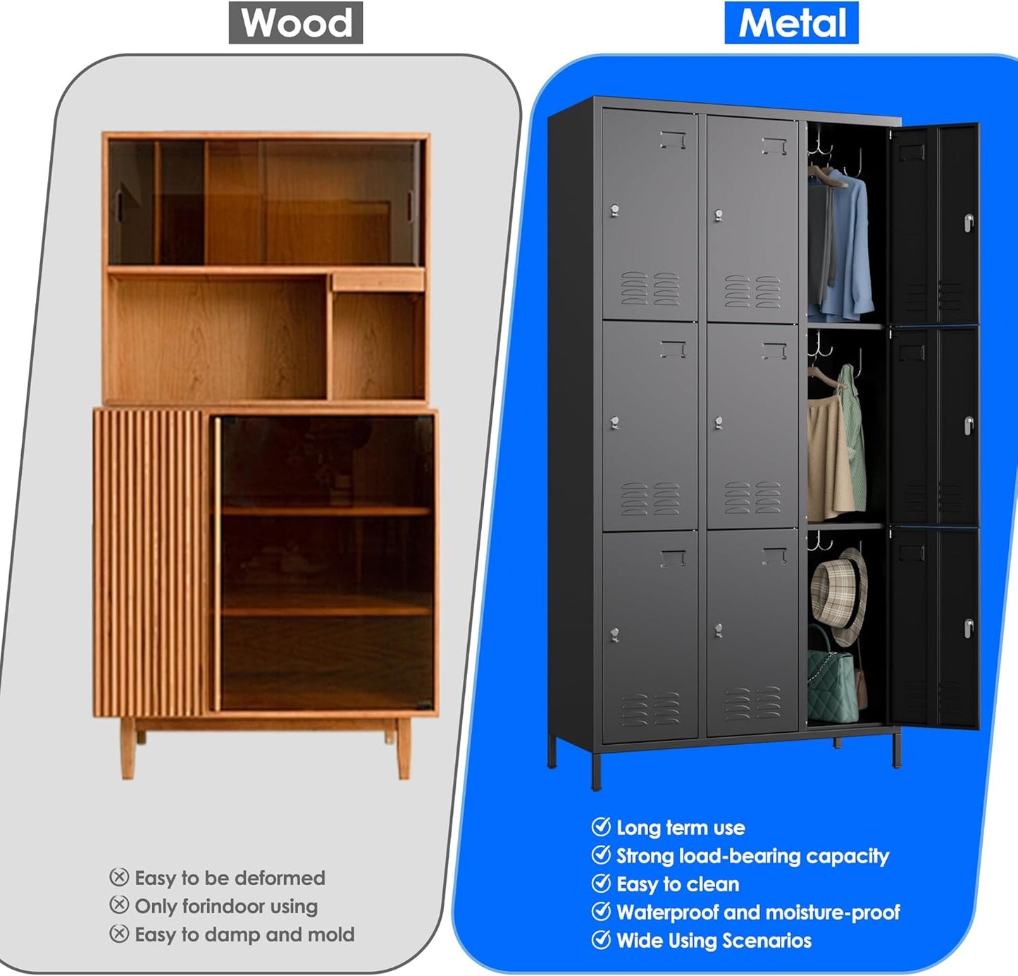 9 Doors Metal Storage Lockers for Employees with 27 Hooks,72" H Employee Lockers with Business Card Holder for Offices School Gyms Home,Assembly Required,Black