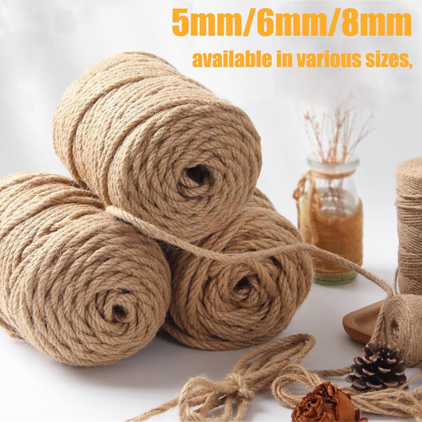 5mm Jute Twine String–164FT Natural Garden Twine for Crafts, Packaging, Cat Scratching Post, Bundling & DIY Projects