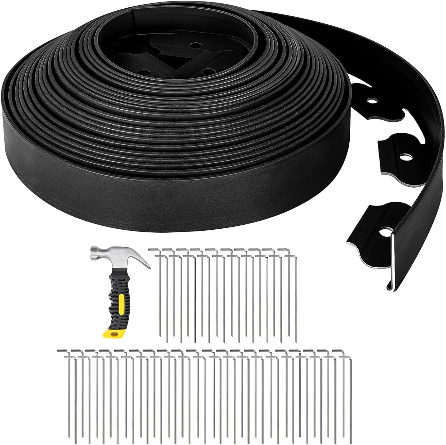 GROWNEER 66FT Landscape Edging Flexible 2 inch Tall Garden Border with 60pcs Galvanized Steel Anchoring Spikes and Hammer Lawn Edging Kit for Flower Bed, Pathway, Landscaping Project, Black