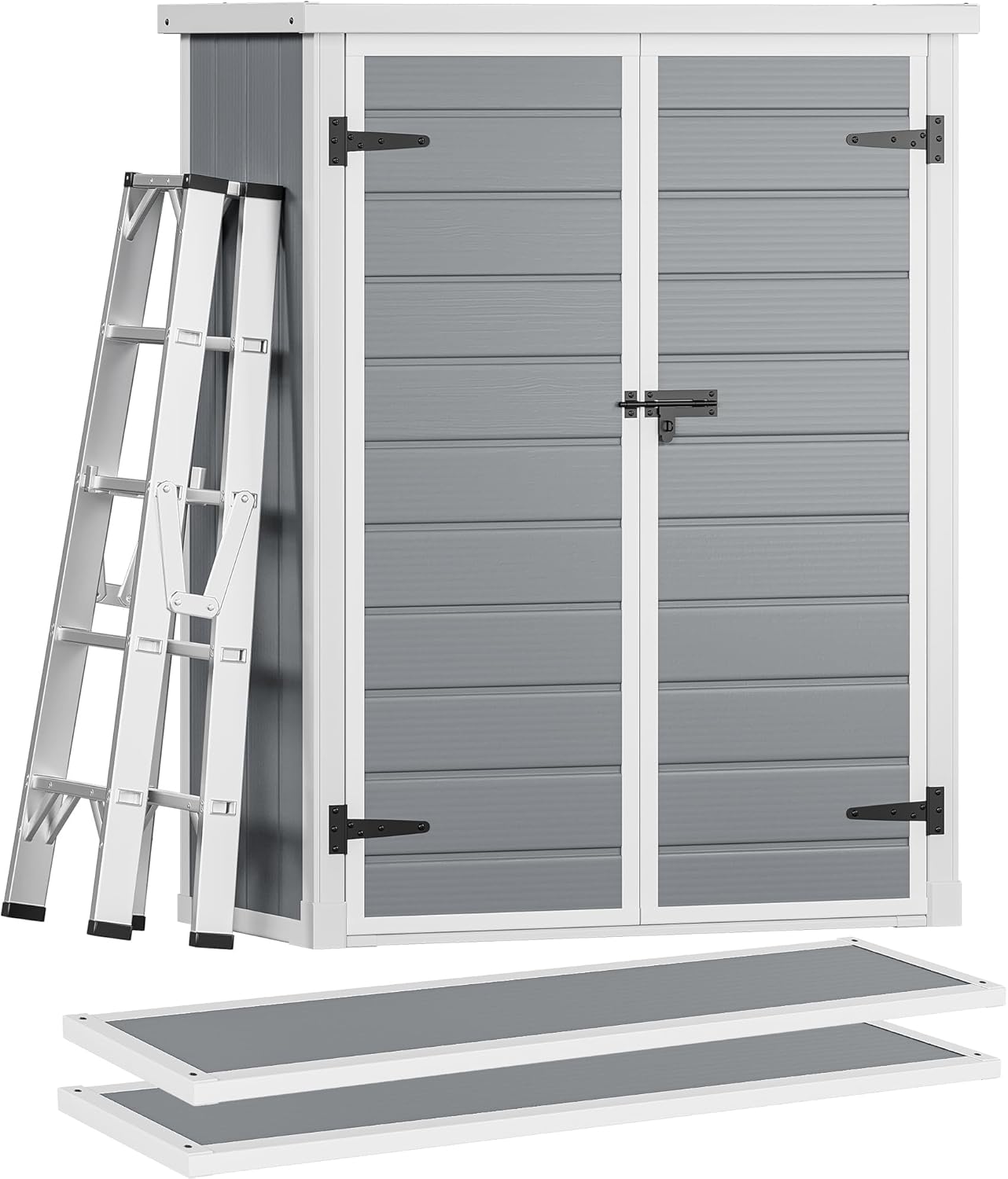 DWVO Outdoor Vertical Storage Shed with 2 Shelves, 49 Cu Ft Waterproof Resin Garden Shed with Floor & Lockable Door, Plastic Tall Tool Cabinet for Garbage Cans, Lawn Equipment, Garden Supplies (Gray)