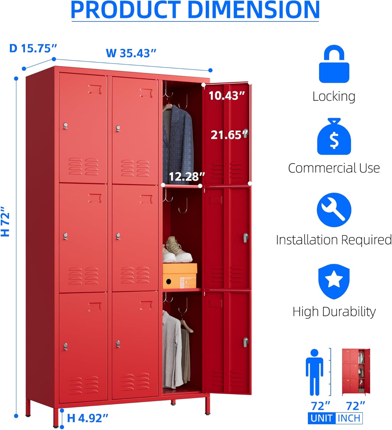 9 Doors Metal Locker with Business Card Holder and 27 Hooks,Metal Locker for Employees with Ventilation Holes for School Garage Office Gym Home,Assembly Required,Red