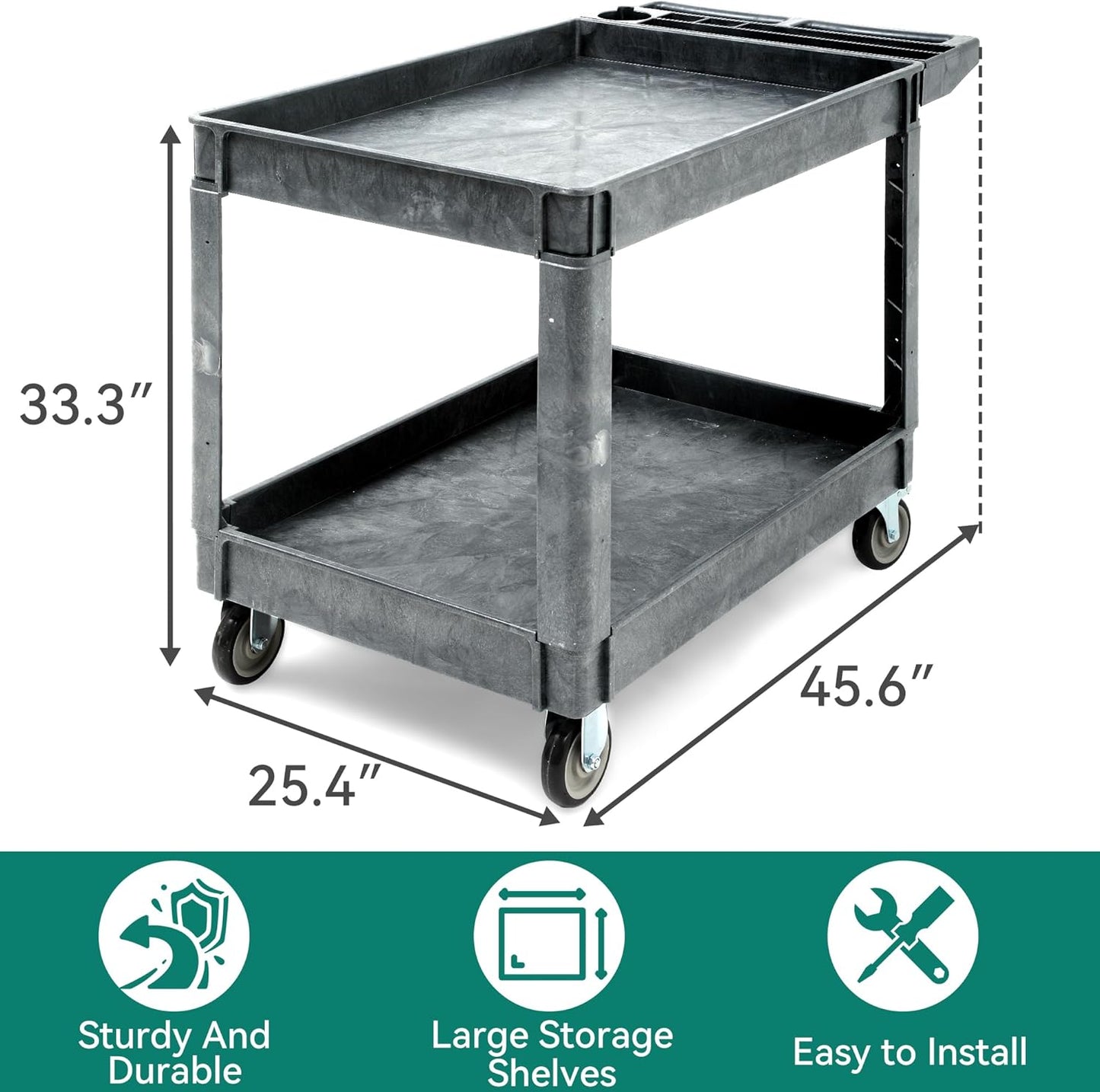 YITAHOME Utility Cart on Wheels, 550 lbs Service Cart 45 x 25 Inch Rolling Work Carts with Wheels, 2 Shelf Heavy Duty Plastic Cart Suitable for Warehouse, Garage, School & Office, Cleaning, Gray