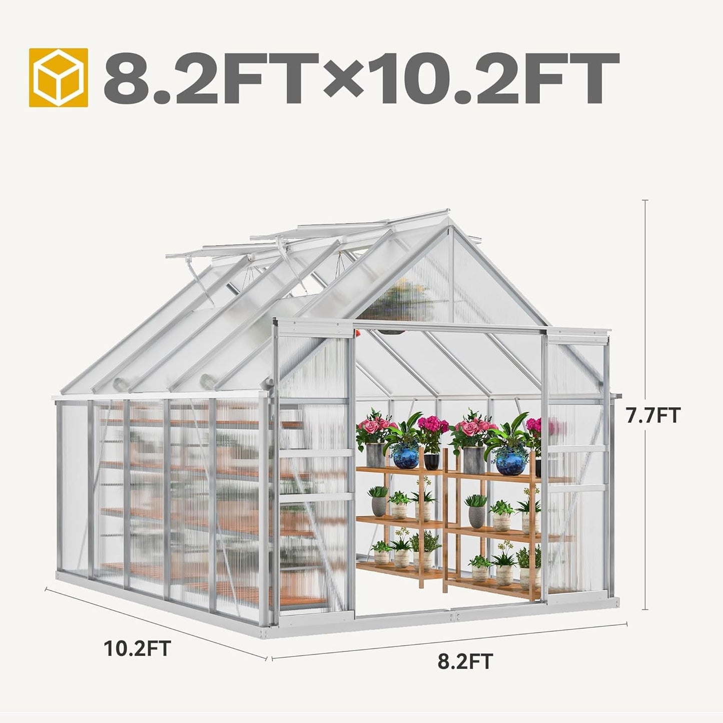 DWVO 8x10FT Polycarbonate Greenhouse for Outdoors, Large Heavy Duty Aluminum Greenhouses with Sliding Doors and Vent Window, Walk-in Greenhouse Large Sun House for Garden Backyard, Sliver
