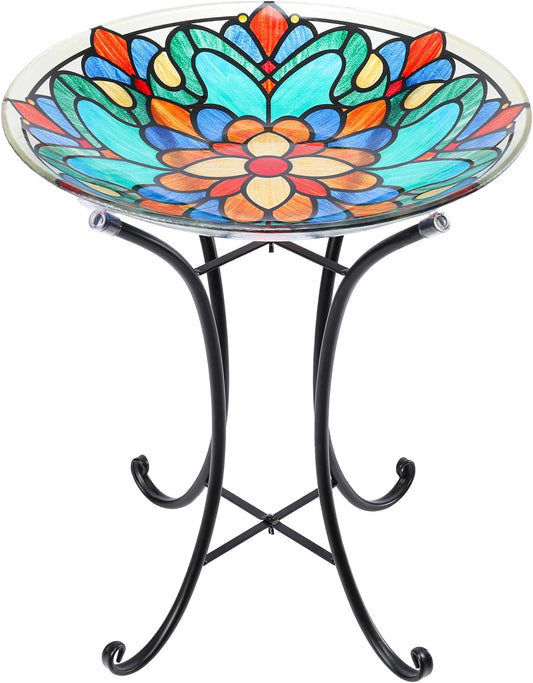 MUMTOP Bird Bath-Bird Baths for Outdoors - Glass Large Bird Bath Bowl with Metal Stand, Symmetrical Patterns Bird Feeders for Outside and Garden, Patio,Lawn Decor