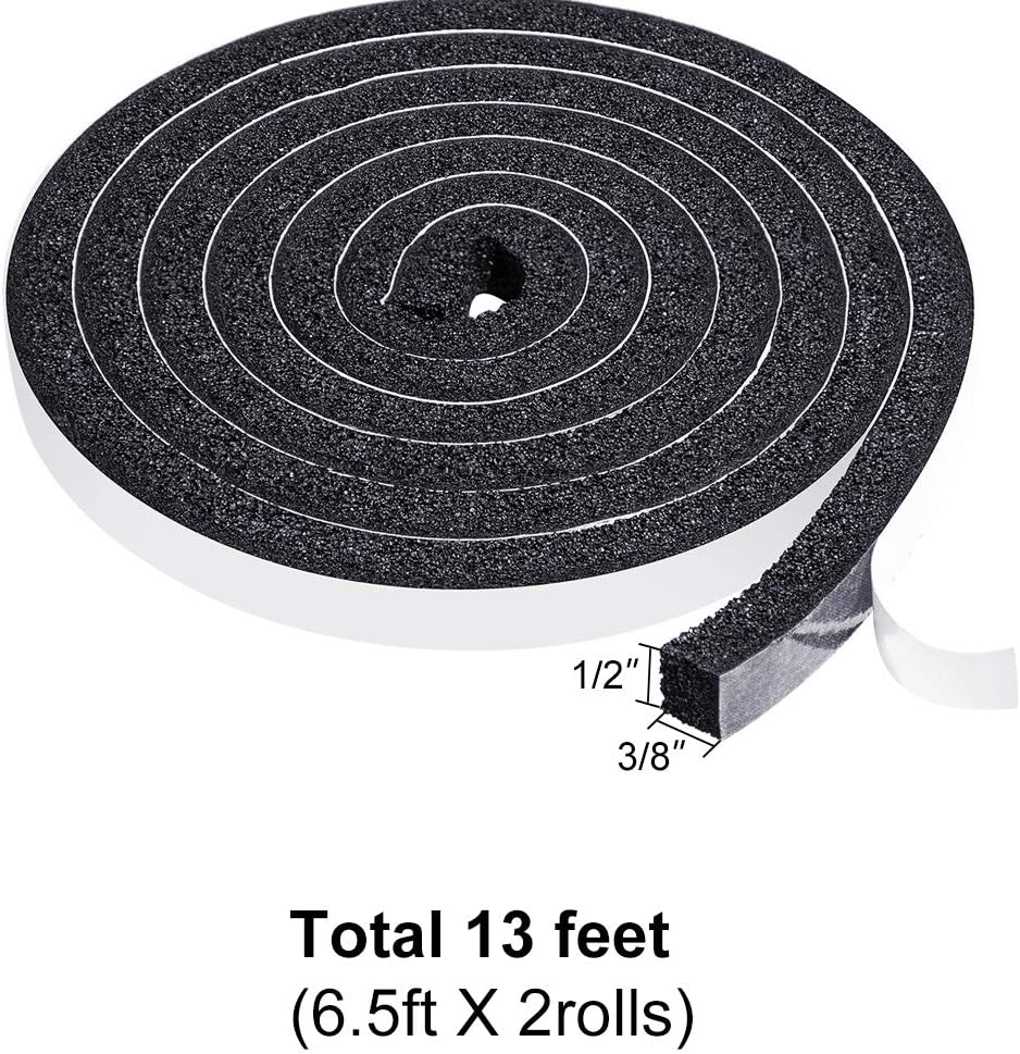 TORRAMI Open Cell Foam Weather Stripping Tape 1/2 Inch W X 3/8 Inch T, High Resilience Adhesive Seal Insulating Strip for Door and Windows Total 13 Feet (2 Rolls of 6.5 Ft Each)